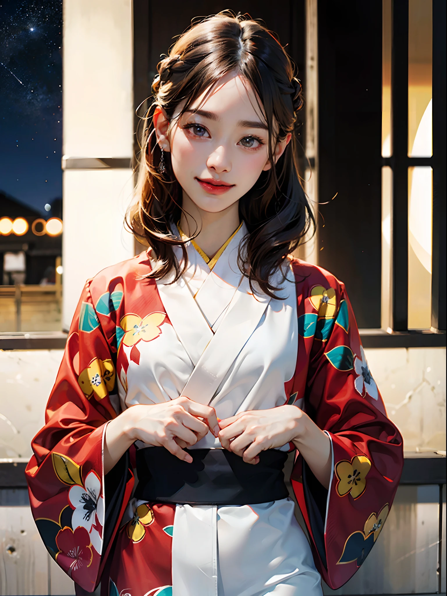 (Best quality, 8k, 32k,UHD:1.2), (realistic:1.5), (absurdres, ultra highres, highly detailed),full body,perfect anatomy,
BREAK, 
(1girl, solo), ((Japanese woman)),mature female,braid,black medium hair, pretty face, feminine
BREAK, 
(kimono), (detailed outfit:1.3),(detailed pattern),(bulge),(election under clothes)
BREAK,
(highly detailed face),(parted lips:1.2),(smile),brown eyes,(beautiful detailed eyes),thick eyebrows,droopy eyes,straight eyebrows,low eyebrows,large iris,(thick lips:1.2),(glossy lips),(lip stick),((blush)),(young),(tall body:1.1),(slender),((curvy hips)),((round hips)),((wide forehead)),((pulled back hair)),(flat chest:1.35),(muscular:1.2)
(night river side under starry sky background, blurry background:1.25, simple background), 
(detailed background:1.3), outdoor, cinematic light,  happy, seductive smile, :d, ;p, attractive emotion, BREAK, best ratio four finger and one thumb,