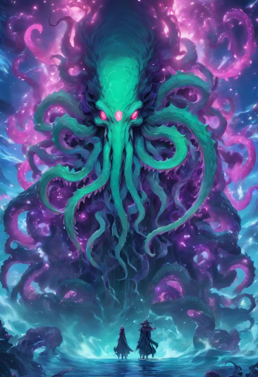 Mind Flayer, sea-green tentacles and spikes and tiny demon wings, grotesque , colors are primarily violet and purple with little bit of magenta, masterpiece, best quality