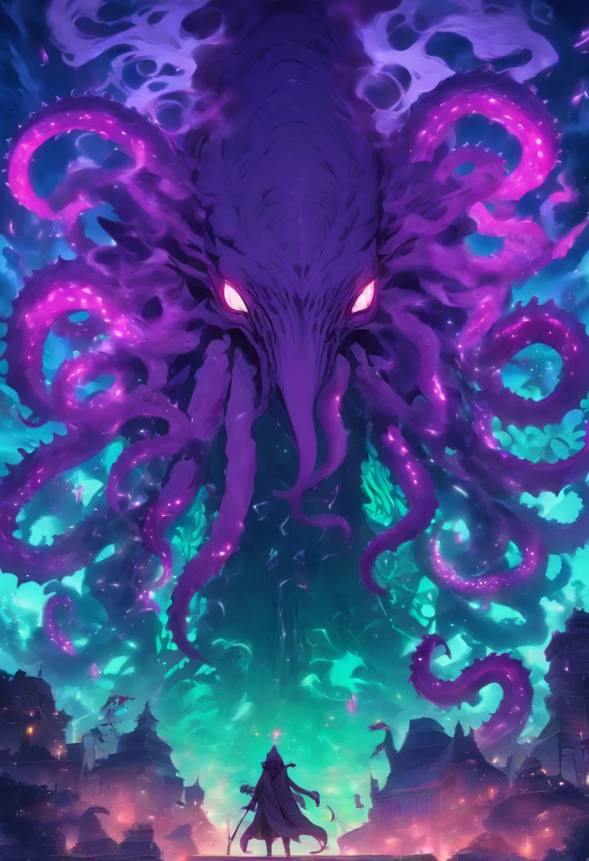 Mind Flayer, sea-green tentacles and spikes and tiny demon wings, grotesque , colors are primarily violet and purple with little bit of magenta, masterpiece, best quality