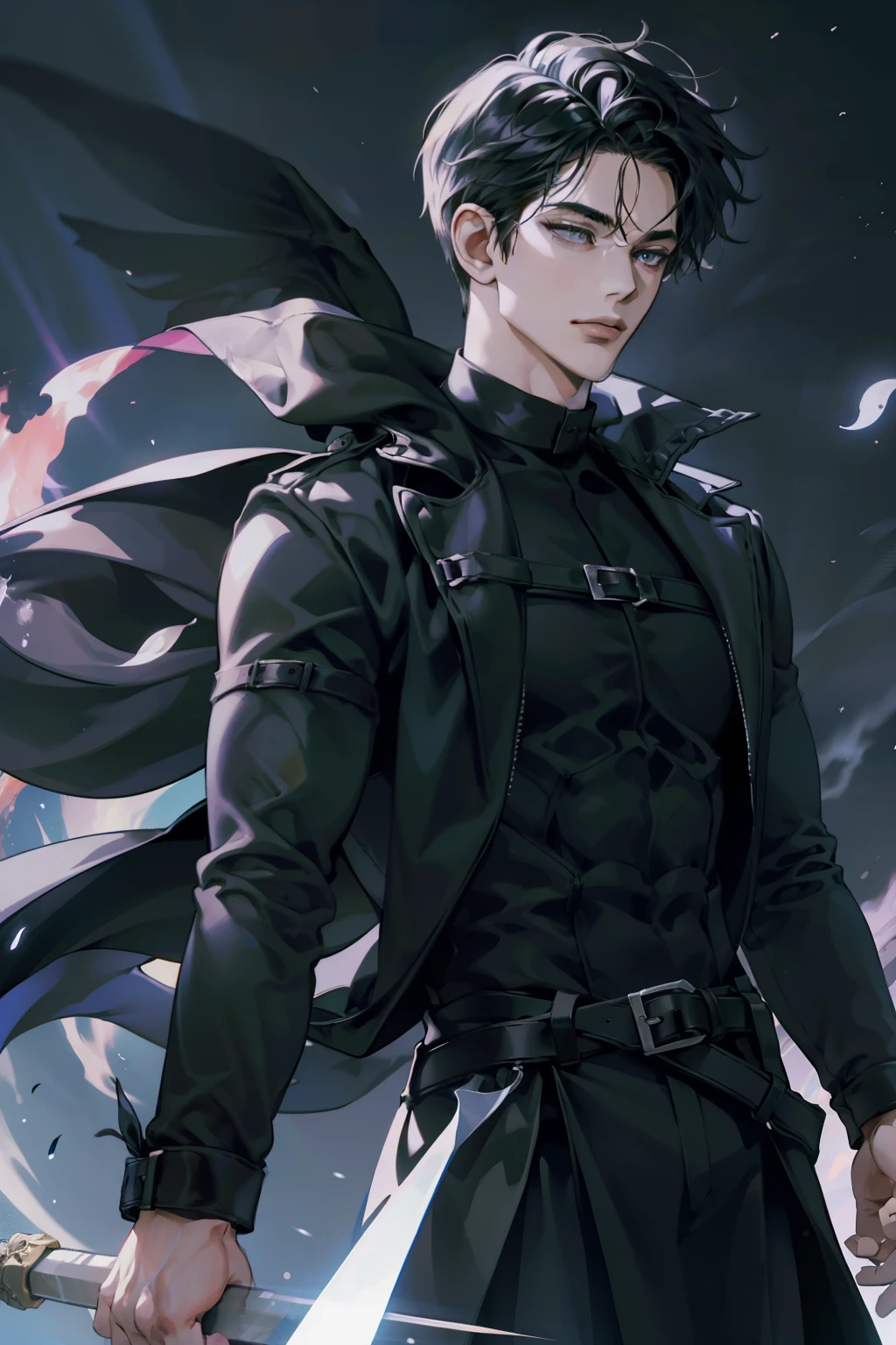 25-year-old man shrouded in an air of mystery and darkness. Lleva ropa oscura que parece fusionarse con las sombras que lo rodean.. Su cabello es negro como la noche y sus ojos brillan con una intensidad salvaje.. Wield a great sword, acute as your own determination. Se mueve con agilidad y gracia, sliding through the shadows as an extension of them. Estilo de arte del juego Moba.