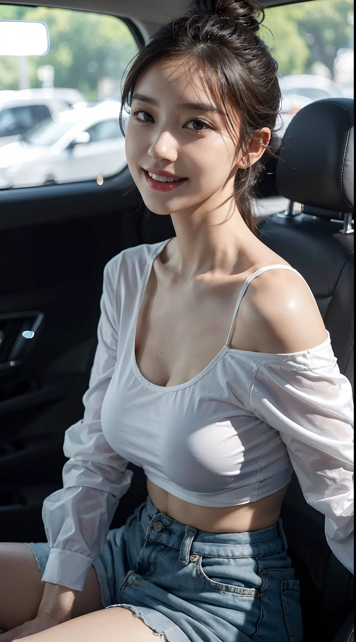 ((huge underboob)), (shoulder-length straighthair: 1.2), Black hair,Short ponytail，Upper body, （Extremely meticulous CG 8k wallpaper），（Extremely refined and beautiful），（Masterpiece），（best qualtiy：1.0），（Ultra High Resolution：1.0），beautiful light up，Perfect lightning，realistic shaded，[A high resolution]，Smooth and flawless fair skin，Extremely exquisite facial details，（perfect body：1.1），ultra - detailed，A beautiful girl，small head，(huge breasts:1.1)，Charming collarbone，towering chests，Cleavage，plump figure，large hips，thick thighs，thick arms，Smile，cheerfulness，（white collared long sleeved shirt:1.1），（blue shorts：1.1），White sneakers，Summer，Morning，sitting in a spacious private car，A female driver，Lean forward with breasts on the steering wheel，driving car，Wearing glasses, looking forward，Close Shot，sideways