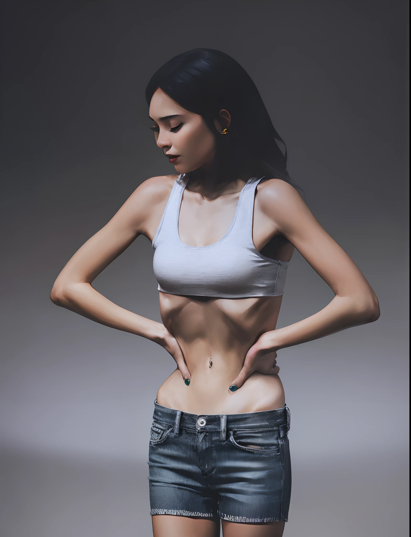 Skinny female,emaciated,the ribs,innominate bone,pelvic bone,sternum,flatchest,big breasts thin waist,Thin leg,tightsuit,hunger