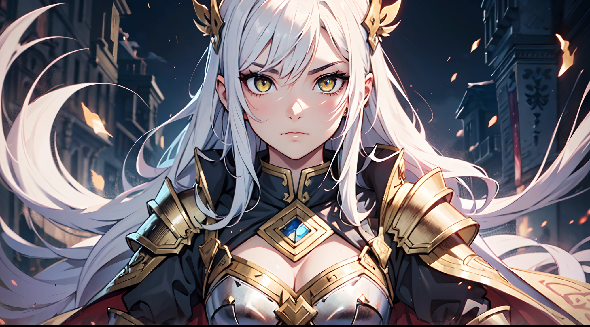 1 girl, Xin from Kingdom anime, armored with warlord armor with a cape, ultra high definition, 8k, handsome,black and yellow pupil eyes, long white hair, ancient kingdom background