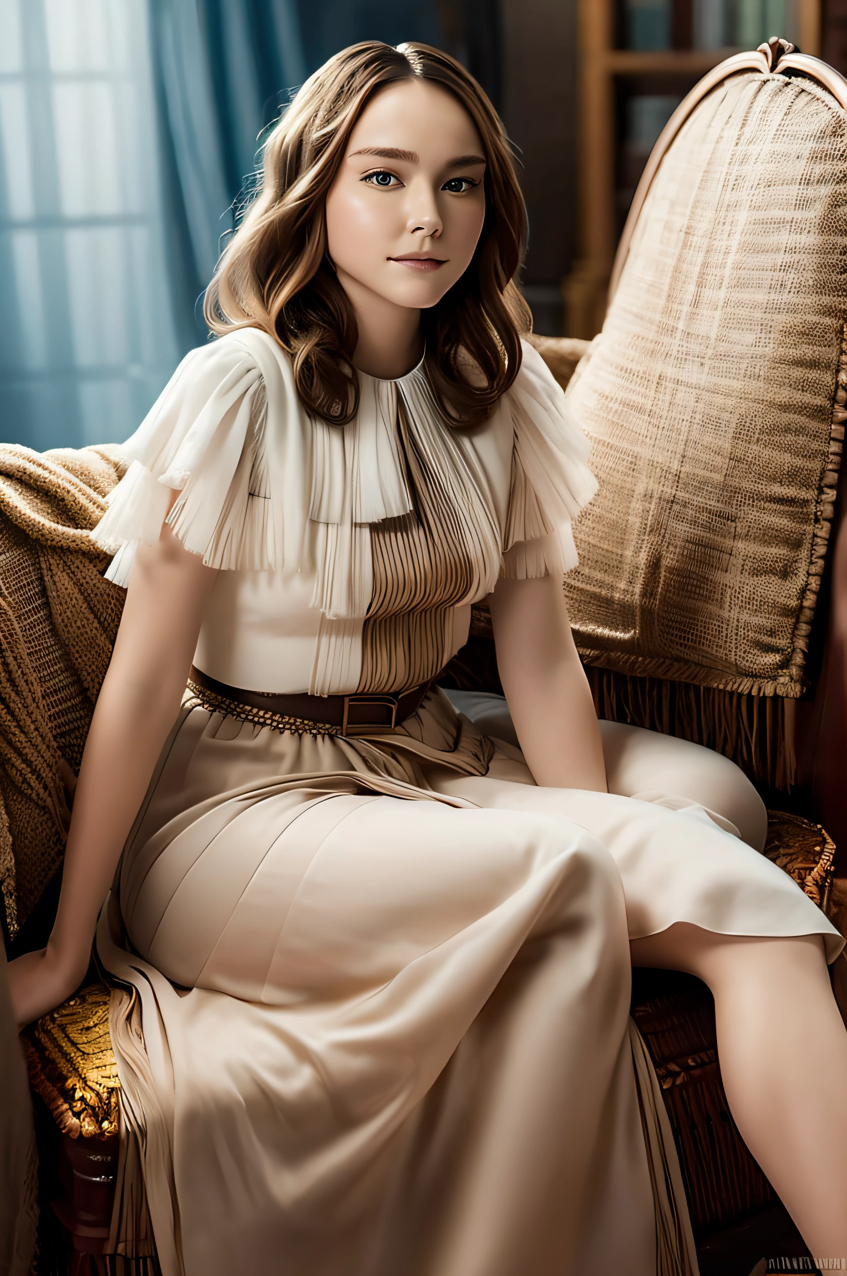 a woman sitting in a chair with a dress on, karol bak uhd, annasophia robb as aphrodite, highly detailed vfx portrait, cinematic goddess shot, samara weaving vampire, very beautiful elven top model, cinematic goddess close shot, amazing cgi, karol bak of emma watson nun, a beautiful victorian woman, attractive girl & focus viewer( full body view)
