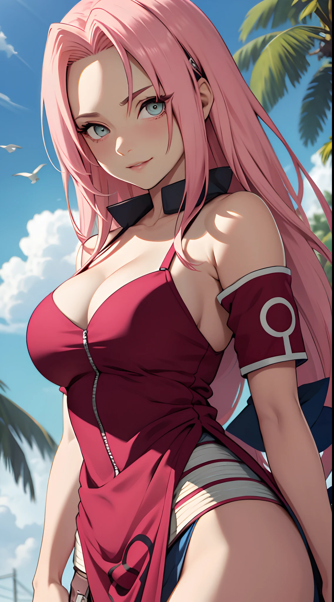 tmasterpiece， Best quality at best， 1girll，Solo， Sakura Haruno， Large breasts，Off-the-shoulder attire，（cleavage)，（upperbody closeup)，Raised sexy，is shy，with pink hair， long whitr hair， （greene eyes:1.3)， Forehead protection， ssmile， blue-sky， Clouds， Hidden village，barechested
