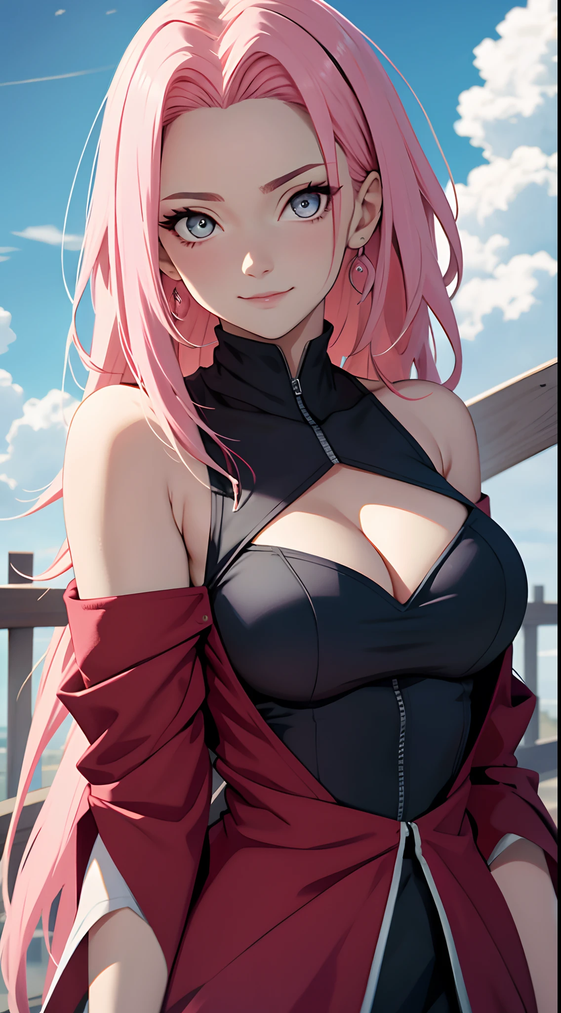tmasterpiece, Best quality at best, 1girll,Solo, Sakura Haruno, Large breasts,Off-the-shoulder attire,(cleavage),(upperbody closeup),Raised sexy,is shy,with pink hair, long whitr hair, (greene eyes:1.3), Forehead protection, ssmile, blue-sky, Clouds, Hidden village,barechested