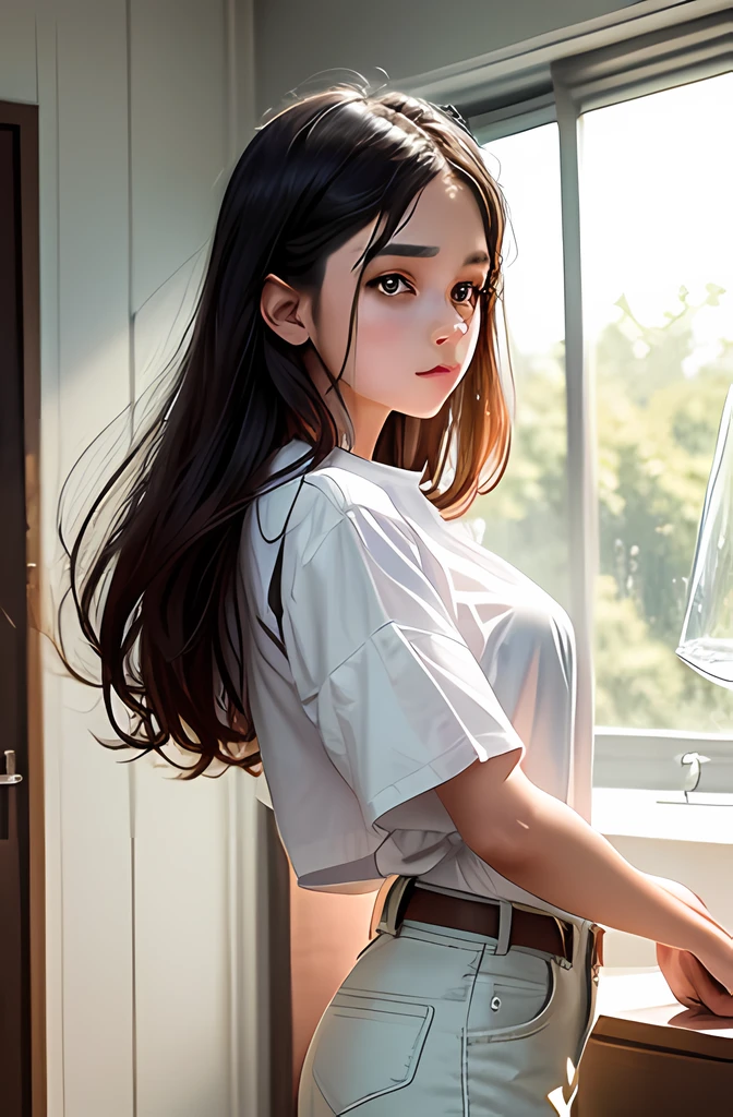 teen girl wearing white shirt and pants arms holding a glass of water pouring into a man