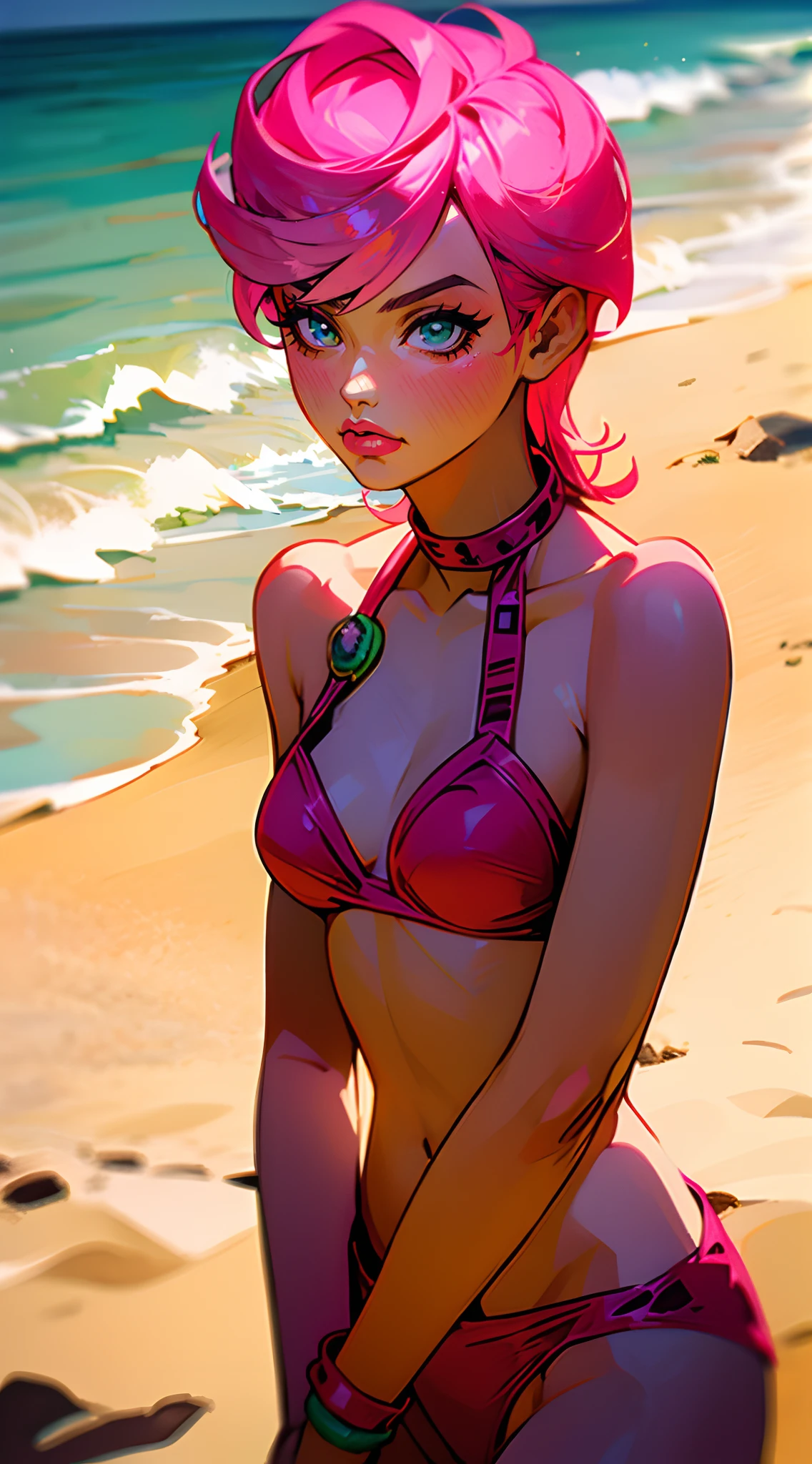 trishuna, trishjojo, trish una, solo, female focus, 1girl, girl, pink bikini, lace bikini, pink bracelet, bracelet, beach, ocean, sandy beach, sand