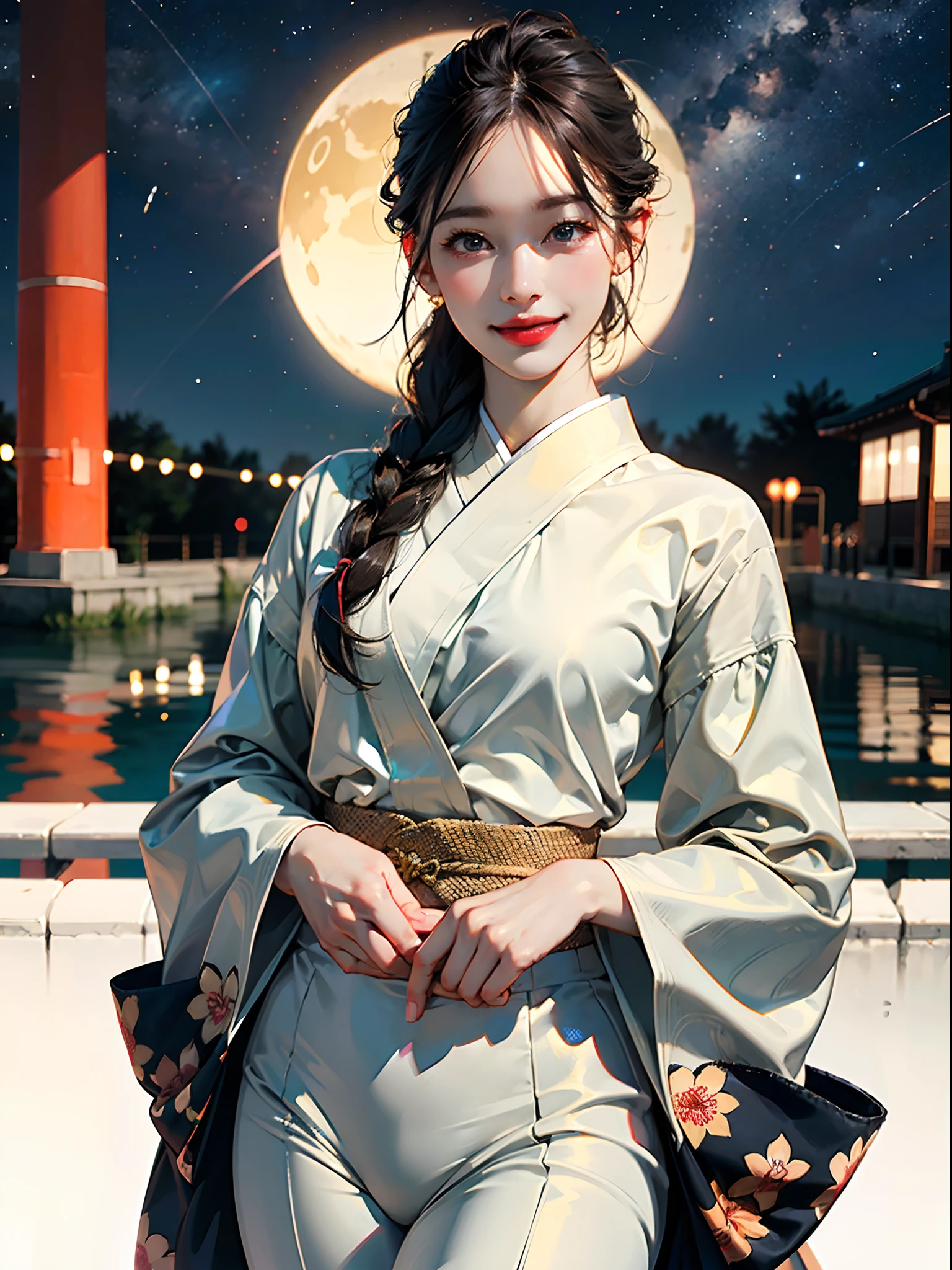 (Best quality, 8k, 32k,UHD:1.2), (realistic:1.5), (absurdres, ultra highres, highly detailed),full body,perfect anatomy,(1girl, solo), ((Japanese woman)),mature female,braid,black medium hair, pretty face, feminine,(kimono), (detailed outfit:1.3),(detailed pattern),(bulge),(election under clothes),(highly detailed face),(parted lips:1.2),(smile),brown eyes,(beautiful detailed eyes),thick eyebrows,droopy eyes,straight eyebrows,low eyebrows,large iris,(thick lips:1.2),(glossy lips),(lip stick),((blush)),(young),(tall body:1.1),(slender),((curvy hips)),((round hips)),((wide forehead)),((pulled back hair)),(flat chest:1.35),(muscular:1.2),(night river side under starry sky background, blurry background:1.25, simple background), (detailed background:1.3), outdoor, cinematic light,  happy, seductive smile, :d, ;p, attractive emotion, BREAK, best ratio four finger and one thumb