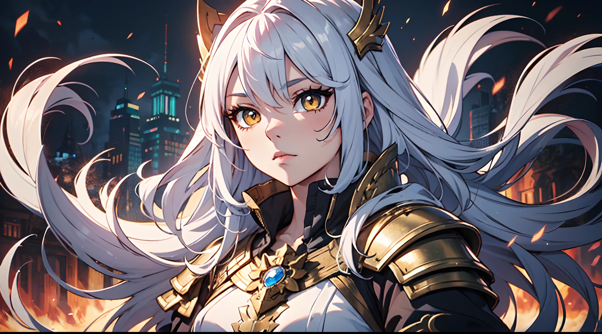 1 girl, Xin from Kingdom anime, armored with warlord armor with a cape, ultra high definition, 8k, handsome,black and yellow pupil eyes, long white hair, ancient kingdom background