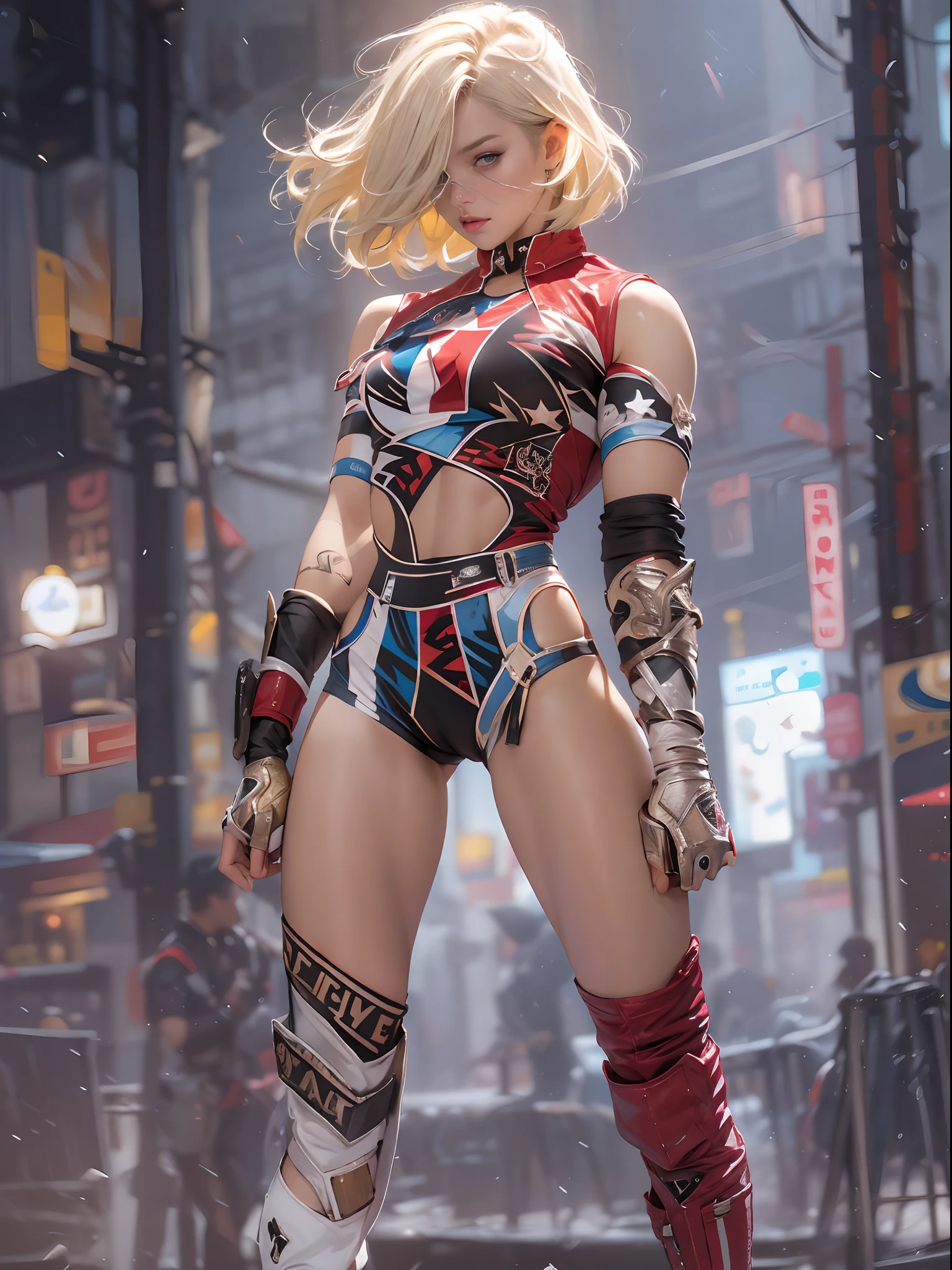 (((of the highest quality: 1.4))),(unparalleled masterpiece ever), (Ultra high definition),(Ultra-realistic 8K CG), offcial art、 (((adult body))), (((1girl in))), ((( Bob Shorthair ))), 25-year-old female wrestler with perfect body, Detailed professional wrestling costumes,Beautiful and well-groomed face,,Detailed jacket, (Image from head to thigh),(( White Blonde Bob Shorthair )), Small leather panties, Simon Bisley's urban savage style,muscular body:1.2, Detailed ring background,Clean abs, Complex graphic gauntlets, Dark red with white stars and blue and white stripes, s Armor, (Poison tattoo ),spot light