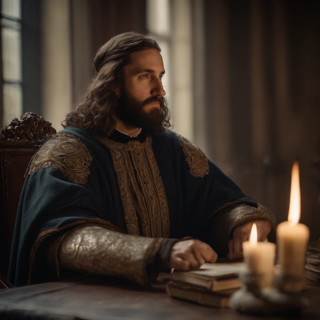 (master part), (best quality), (high resolution),Dutch angle,hiper detalhado, sozinho, circunstanciado_Background Story, Landscape, Renaissance style, masterpiece, intense lighting highly detailed, a portrait of Saint Louis IX inside the Château de Saint-Germain-en-Laye, he is holding the crown of thorns which Jesus Christ had on his head