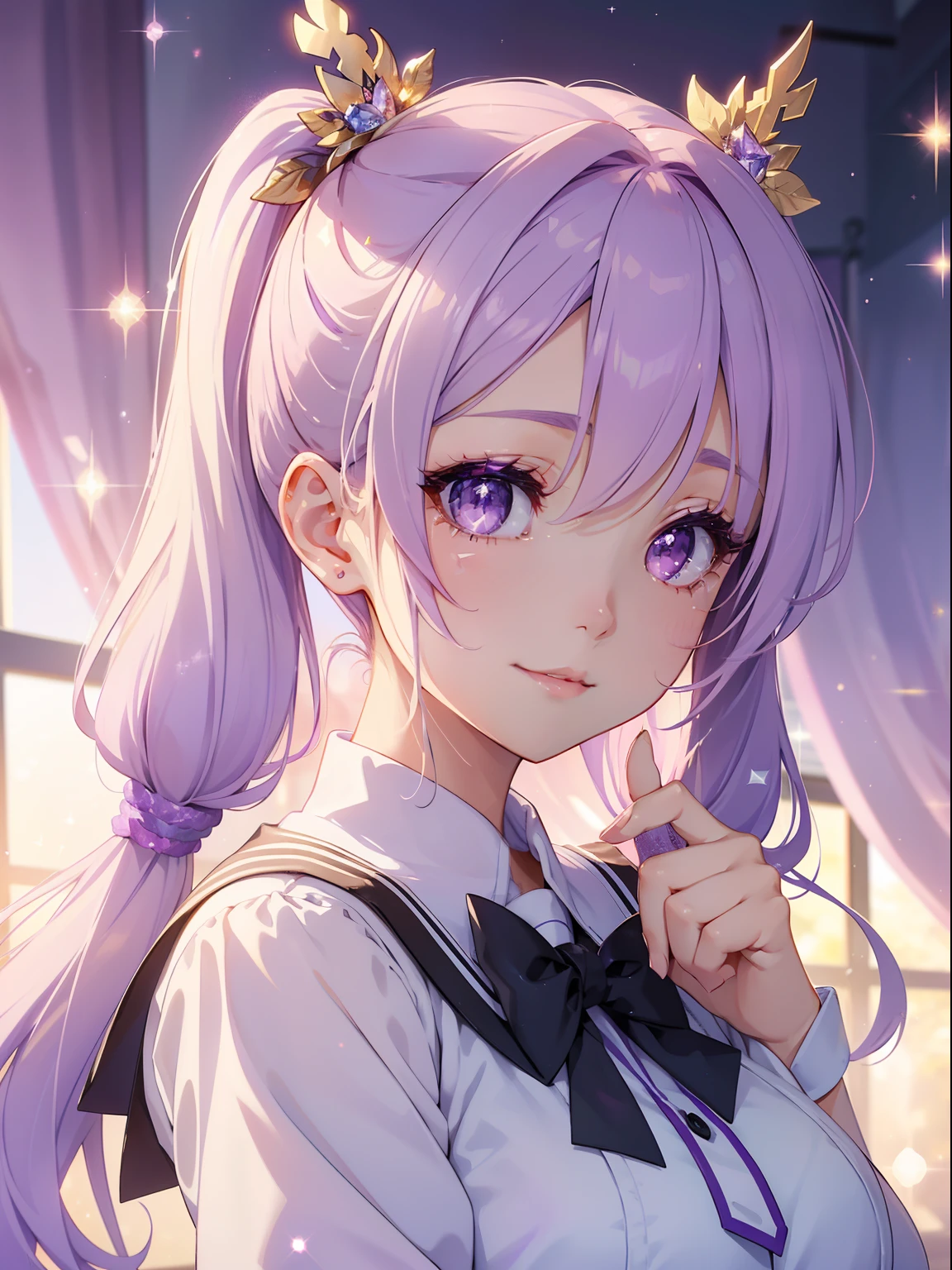 masutepiece, High resolution, 8K, anime woman, Delicate and detailed writing 、Detailed digital illustration、(((Straight pigtail)))、Shiny hair、Bangs、a very beautiful woman、Eyes are double, Large, (((Bust is an A cup)))、High image quality, High quality、Detailed background、(((Cute school uniform in white and lilac)))、((Beautiful blue sky and school background))、The inside of the eye shines like a diamond、Light purple hair、Gradient pupil、(((2 arms、4 fingers, 1 thumb)))、Detailed female face、Very beautiful and cute woman、、细致背景、masterpiece、Soft Focus , Bright gradient watercolor , Lens Flare , (((Glitter))) , Glow , Dreamy , Light Purple Ribbon、Very Beautiful Light Purple Rose Hair Accessories、Light purple and gold uniform with white as the main color、((Straight at the angle of the front))、yawning being、a smile、Morning background、rainbows