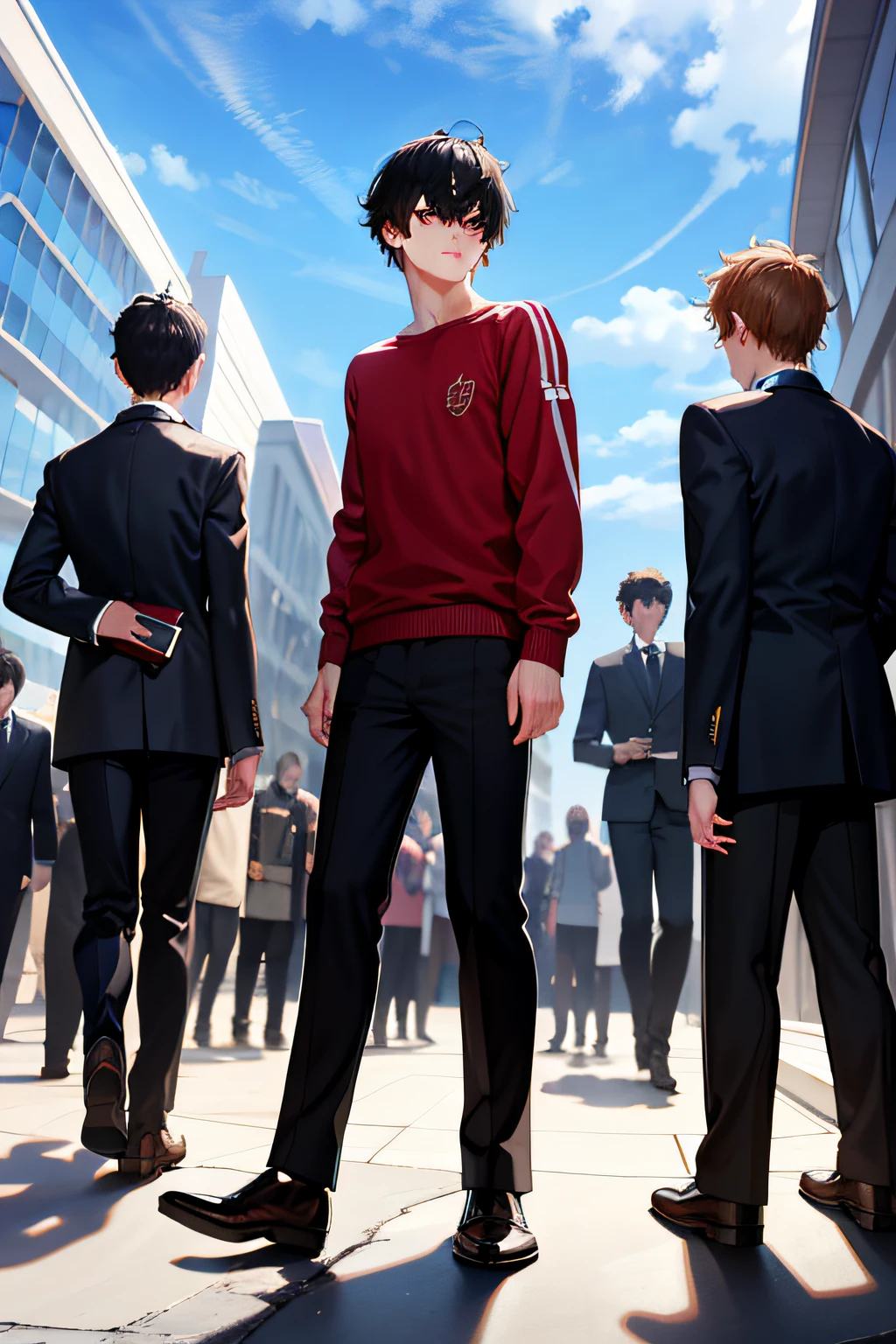 4 boys, On campus, Wear everyday clothes,The color is not too monotonous,Leaks out of the whole body, Teaching buildings, crowd,Masterpiece, Best quality, Highly detailed,
