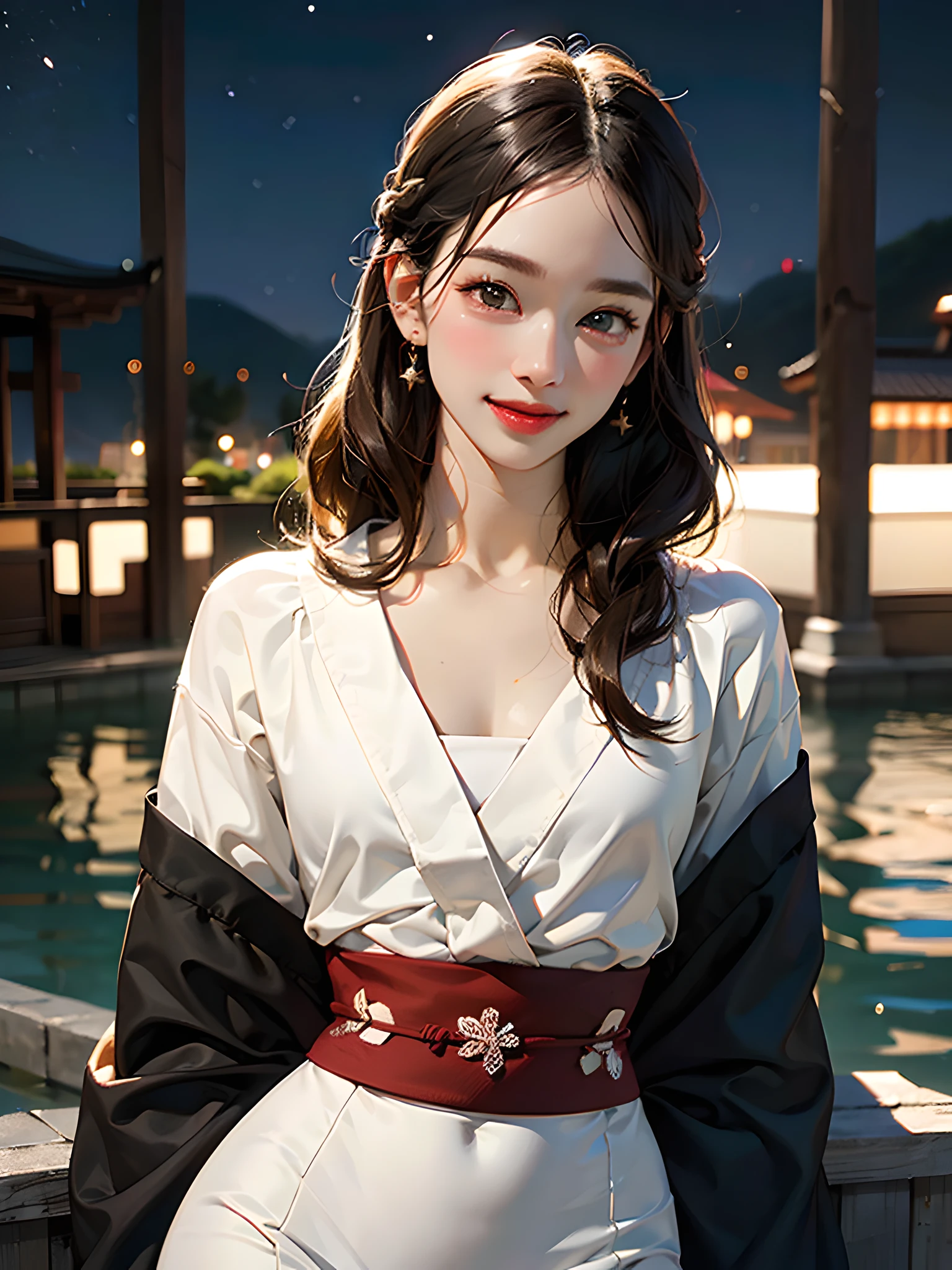 (Best quality, 8k, 32k,UHD:1.2),nsfw, (realistic:1.5), (absurdres, ultra highres, highly detailed),full body,perfect anatomy, 
(1girl, solo), ((Japanese woman)),mature female,braid,black medium hair, pretty face, feminine,(kimono), (detailed outfit:1.3),(detailed pattern),(bulge),(erection under clothes),(highly detailed face),(parted lips:1.2),(smile),brown eyes,(beautiful detailed eyes),thick eyebrows,droopy eyes,straight eyebrows,low eyebrows,large iris,(thick lips:1.2),(glossy lips),(lip stick),((blush)),(young),(tall body:1.1),(slender),((curvy hips)),((round hips)),((wide forehead)),((pulled back hair)),(flat chest:1.35),(muscular:1.2),(night river side under starry sky background, blurry background:1.25, simple background), (detailed background:1.3), outdoor, cinematic light,  happy, seductive smile, :d, ;p, attractive emotion, BREAK, best ratio four finger and one thumb