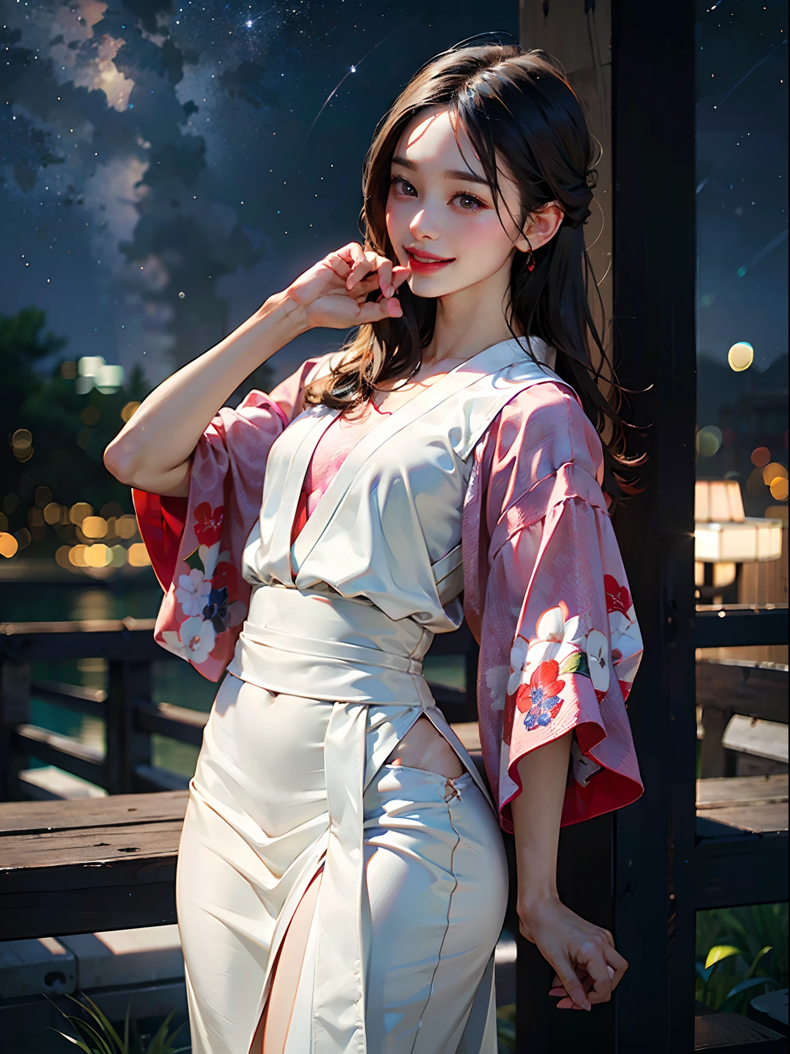 (Best quality, 8k, 32k,UHD:1.2),nsfw, (realistic:1.5), (absurdres, ultra highres, highly detailed),full body,perfect anatomy, 
(1girl, solo), ((Japanese woman)),mature female,braid,black medium hair, pretty face, feminine,(kimono), (detailed outfit:1.3),(detailed pattern),(bulge),(erection under clothes),(highly detailed face),(parted lips:1.2),(smile),brown eyes,(beautiful detailed eyes),thick eyebrows,droopy eyes,straight eyebrows,low eyebrows,large iris,(thick lips:1.2),(glossy lips),(lip stick),((blush)),(young),(tall body:1.1),(slender),((curvy hips)),((round hips)),((wide forehead)),((pulled back hair)),(flat chest:1.35),(muscular:1.2),(night river side under starry sky background, blurry background:1.25, simple background), (detailed background:1.3), outdoor, cinematic light,  happy, seductive smile, :d, ;p, attractive emotion, BREAK, best ratio four finger and one thumb