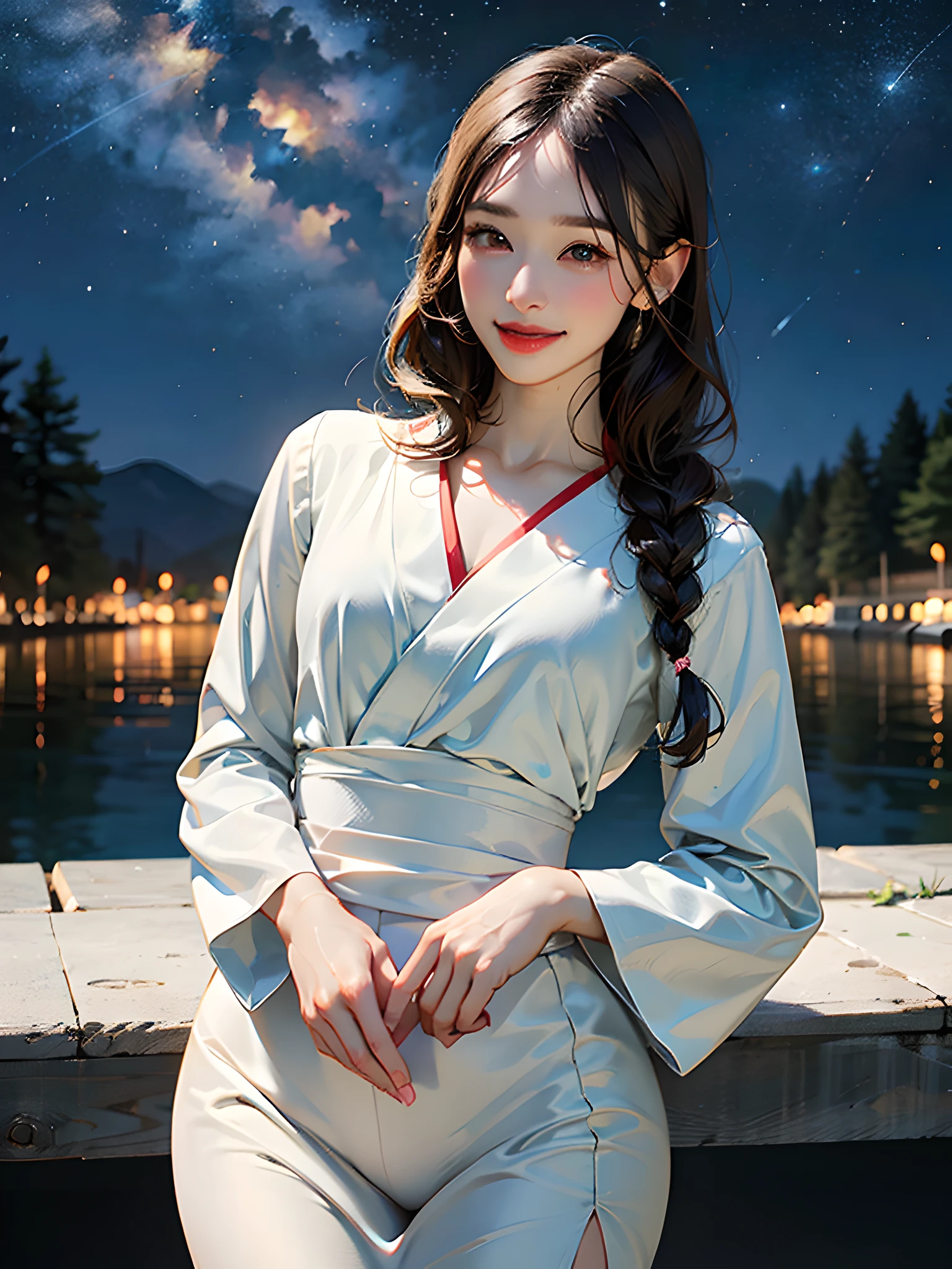 (Best quality, 8k, 32k,UHD:1.2),nsfw, (realistic:1.5), (absurdres, ultra highres, highly detailed),full body,perfect anatomy, 
(1girl, solo), ((Japanese woman)),mature female,braid,black medium hair, pretty face, feminine,(kimono), (detailed outfit:1.3),(detailed pattern),(bulge),(erection under clothes),(highly detailed face),(parted lips:1.2),(smile),brown eyes,(beautiful detailed eyes),thick eyebrows,droopy eyes,straight eyebrows,low eyebrows,large iris,(thick lips:1.2),(glossy lips),(lip stick),((blush)),(young),(tall body:1.1),(slender),((curvy hips)),((round hips)),((wide forehead)),((pulled back hair)),(flat chest:1.35),(muscular:1.2),(night river side under starry sky background, blurry background:1.25, simple background), (detailed background:1.3), outdoor, cinematic light,  happy, seductive smile, :d, ;p, attractive emotion, BREAK, best ratio four finger and one thumb