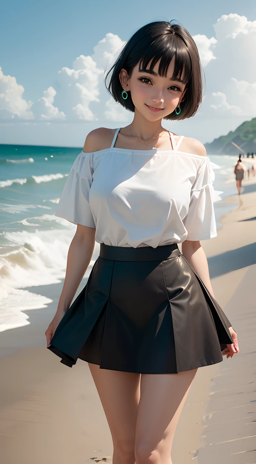 beach, standing straight, head and ankles straight, smiling, wearing earrings, dark white skirt, green short-sleeved shirt, short hair