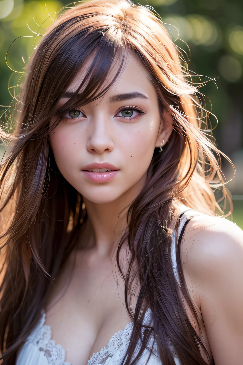 a woman with natural imperfections, flawless skin, freckles, natural makeup, messy hair, natural lighting, soft colors, detailed facial features, ethereal, serene expression, outdoor setting, warm tones, (best quality,4k,8k,highres,masterpiece:1.2),ultra-detailed,(realistic,photorealistic,photo-realistic:1.37),HDR,UHD,studio lighting,ultra-fine painting,sharp focus,physically-based rendering,extreme detail description,professional,vivid colors,bokeh,portrait