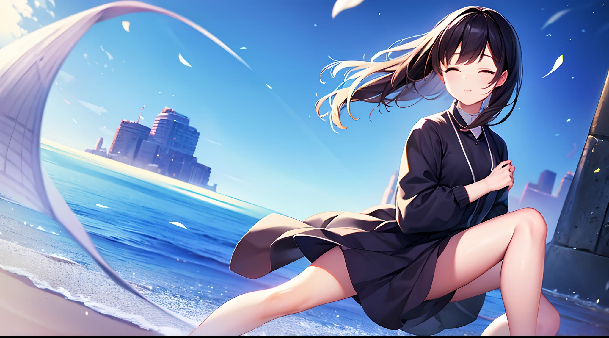 girl with、Holding your knees、Floating、Eyes closed、校服