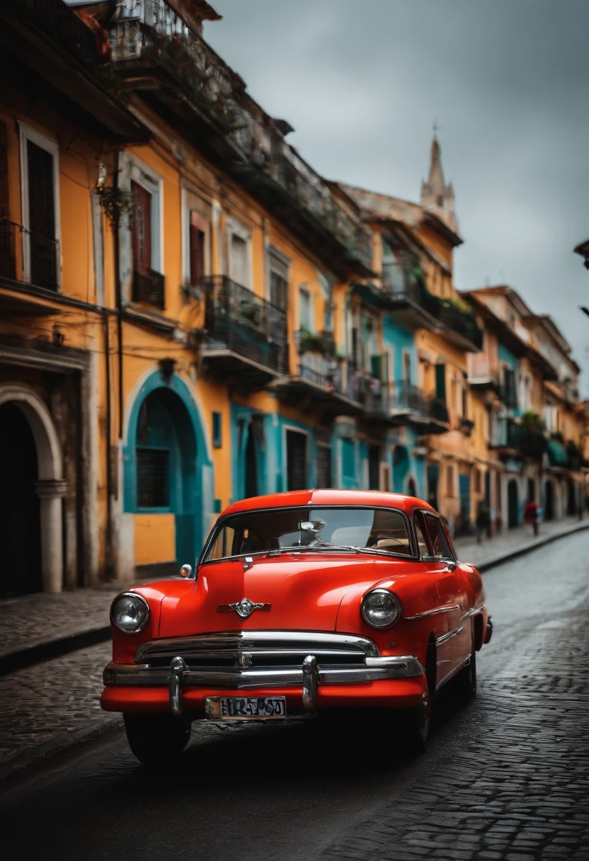 carro antigo em meio a coqueiros com fundo listrado e colorido
