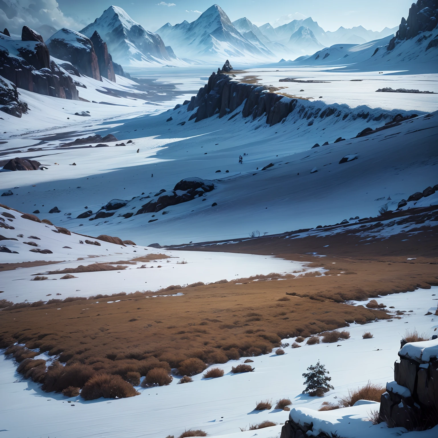 some dead bodies, laying down, mountains, realistic