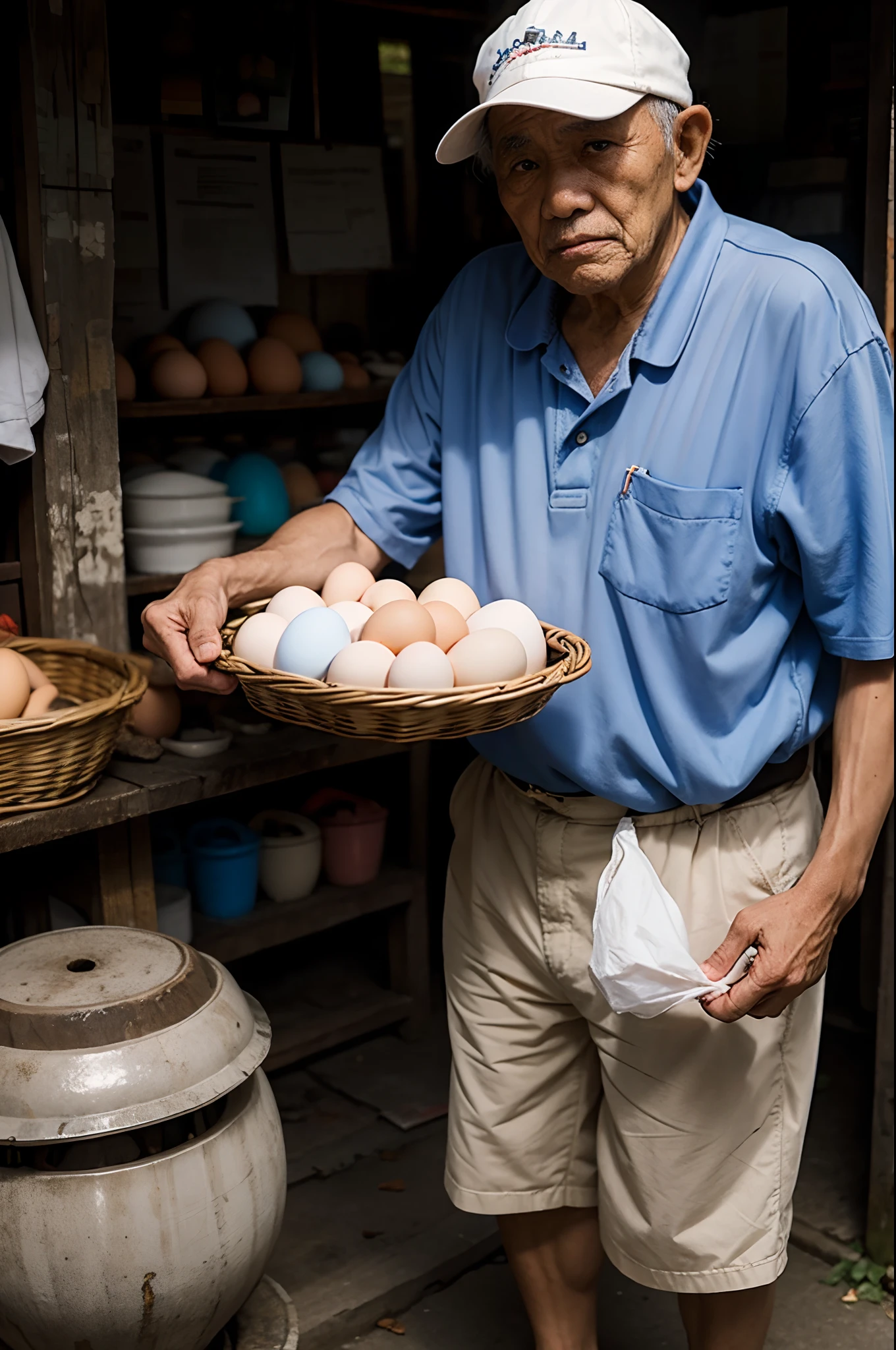 old man selling eggs, photorealistic, filipino