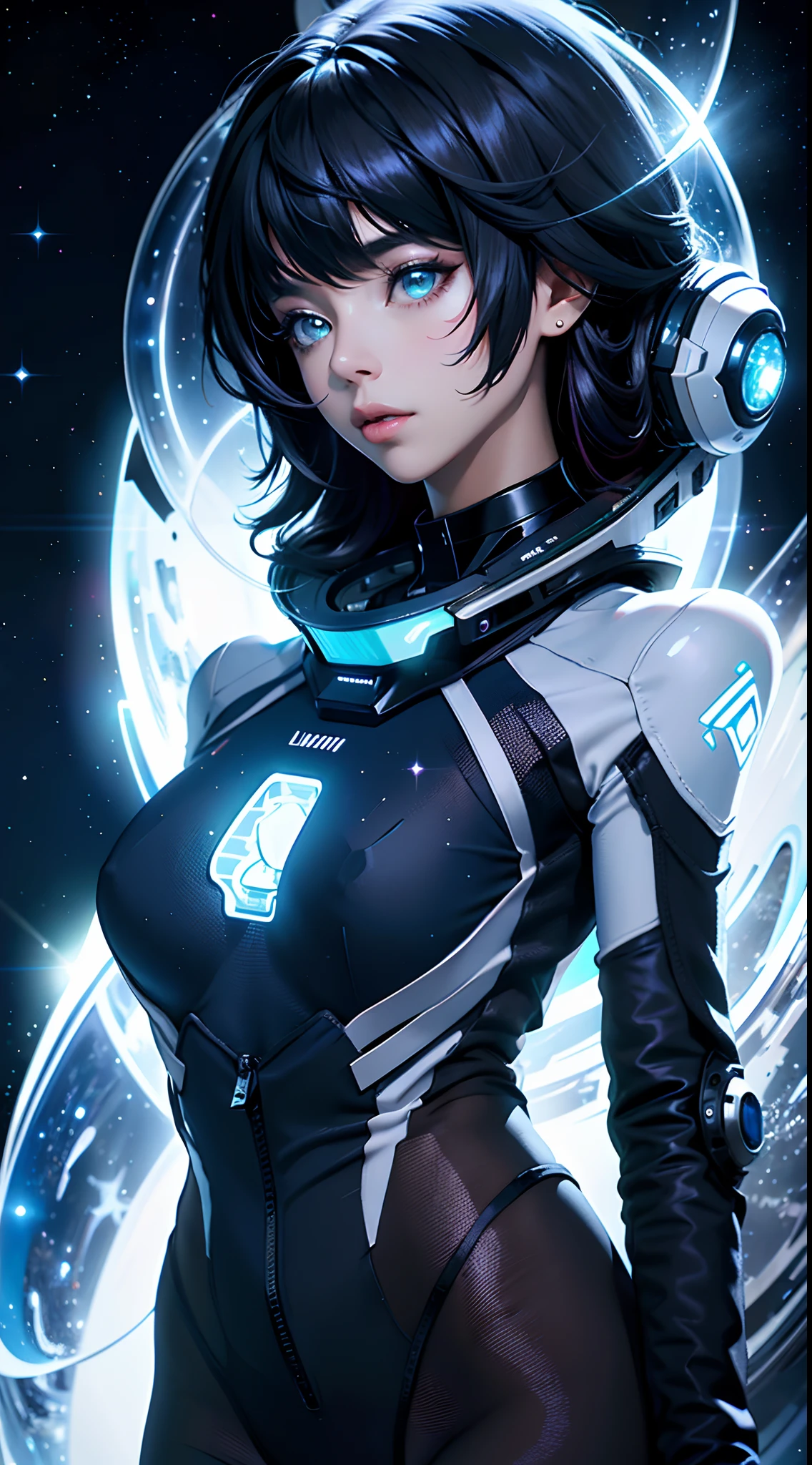(tmasterpiece:1.2),best qualtiy,In space,(nigh sky,medium lenght hair:1.2),(illustratio:1.2),lindo cenario,dreads,(Elaborate luminescence,lens flare glow),(Hyper-detailing),Hyper-detailing,(exquisitedetails),(complexdetails),(Movie light,Best quality backlight),清晰的线条,New world,peeping at the viewer,Solo Woman,(Space Girl,the space),Oriental women,The girl looks like a Chinese movie star,Solo Woman,Perfect body,Beautiful girl,(1girll),(Bright bioluminescent hair,bright glowing eyes),(galaxias,Alien planet),(Astronaut wearing sexy futuristic style white fitted spacesuit:1.1),The material of the spacesuit is light and thin,Spacesuit tight,The chest of the spacesuit shows the starry sky,Slightly closed eyes,(cyber punk perssonage),(dyna:1.3),(putting makeup on)),hight contrast,(The best lighting,Extremely refined and beautiful),((Movie Moonlight)),Extremely colorful,((Photoshop Pastel Painting:1.1)),aethereal,(Movie Masterpiece),suspense,Funk,(Starskrim),splash of color,absolutly eye-catching,((Caustics)),dynamic angle,big breasts beautiful(detailed glow),(spine-chilling),(Intricate movie scenes behind it:1.2),Environmental occlusion, (Ambient moonshine), ray-traced reflection, intricately detailed visible background , (Glowing spacesuit), terroral, (Bioluminescent vegetation:1.2), terroral, uneasy, A futuristic, terroral, (Hologram heads-up display), (Delicate Great Comet)