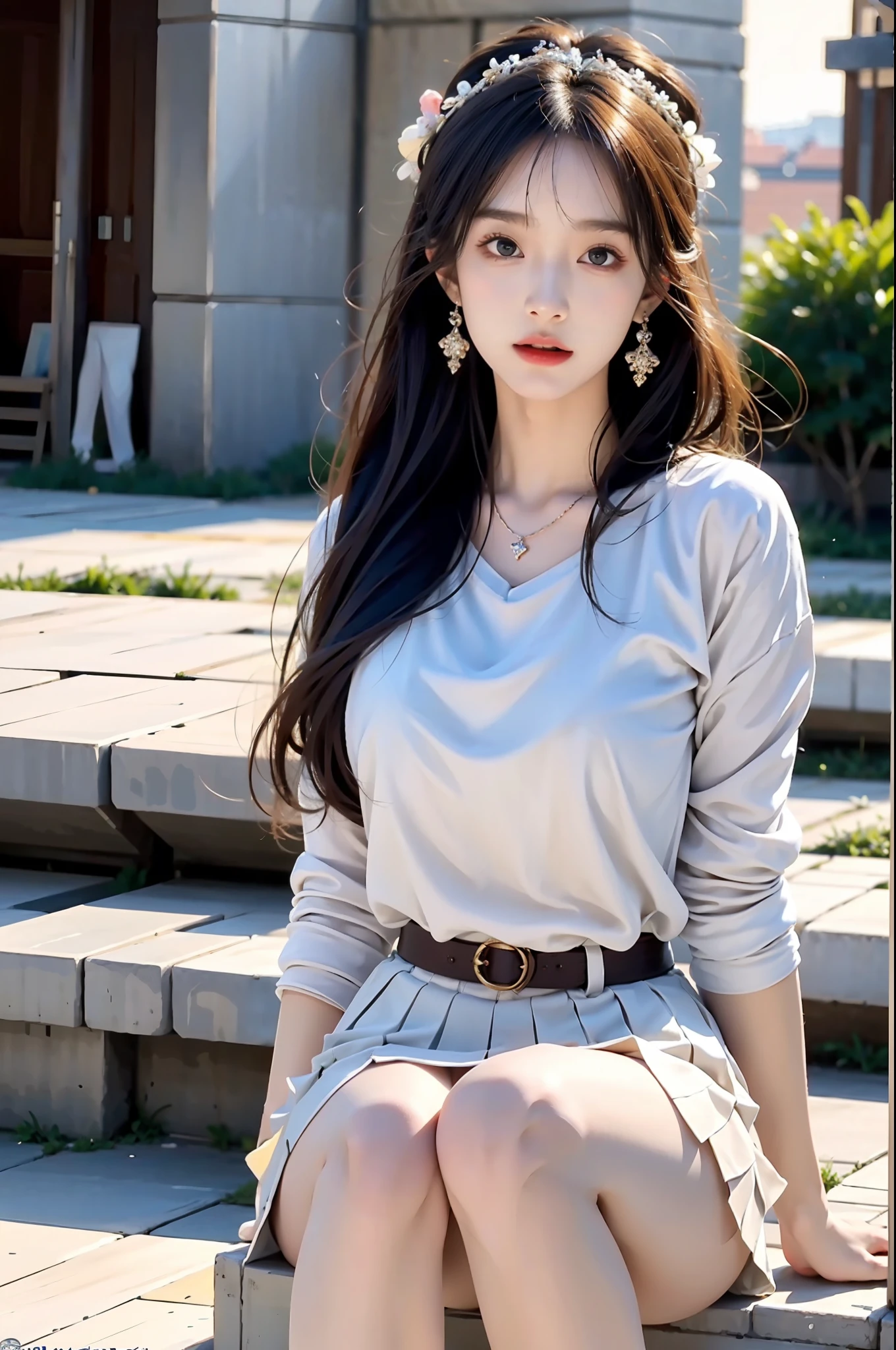 absurdres, RAW photo, extremely delicate and beautiful, masterpiece, Best Quality, ultra high resolution, 32k, hyperrealistic, ultra-detailed, perfect anatomy, super Detailed skin, Super Beauty, perfect figure, Perfect Style, Perfect balance, in her 20s, very small head, very small face, delicate facial features, tearful mole, earring, very huge breasts, bare legs, full body shot, medium hair, black hair, school_uniform,