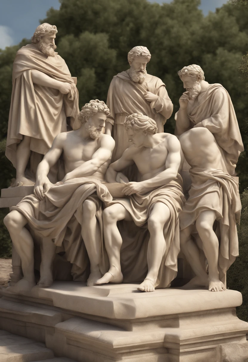 (best quality,4k,Full HD,Altas:1.2),ultra-detalhado,(Realistic,fotorrealista,photo-realistic:1.37),a group of eight male philosophers gathered, Greek statue style, Paisagem romana, um grupo de homens engajados na conversa, surrounded by a crowd of curious onlookers, His presence draws attention.