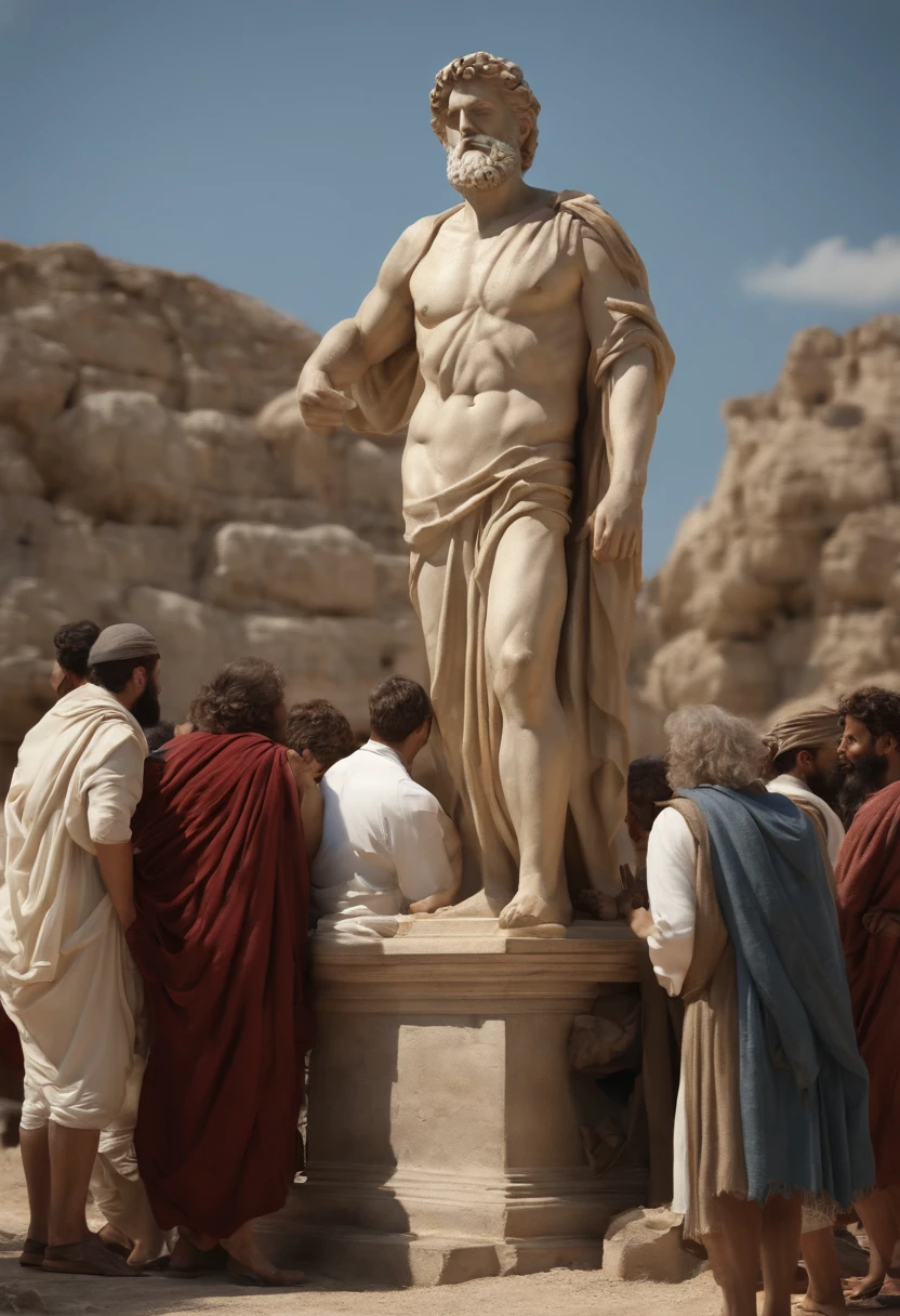(best quality,4k,Full HD,Altas:1.2),ultra-detalhado,(Realistic,fotorrealista,photo-realistic:1.37),a group of eight male philosophers gathered, Greek statue style, Paisagem romana, um grupo de homens engajados na conversa, surrounded by a crowd of curious onlookers, His presence draws attention.