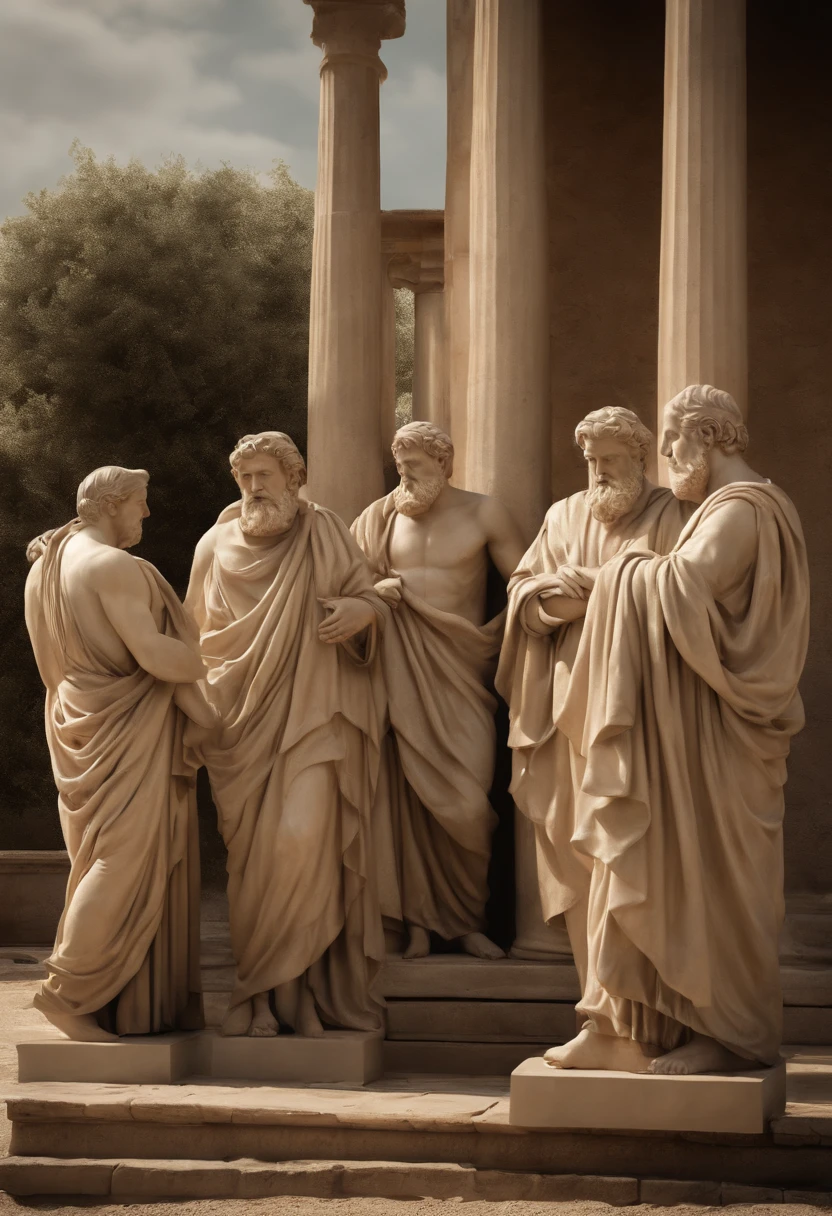 (best quality,4k,Full HD,alto:1.2),ultra-detalhado,(Realistic,fotorrealista,photo-realistic:1.37),a group of eight male philosophers gathered, Greek statue style, Paisagem romana, um grupo de homens engajados na conversa, surrounded by a crowd of curious onlookers, His presence draws attention.