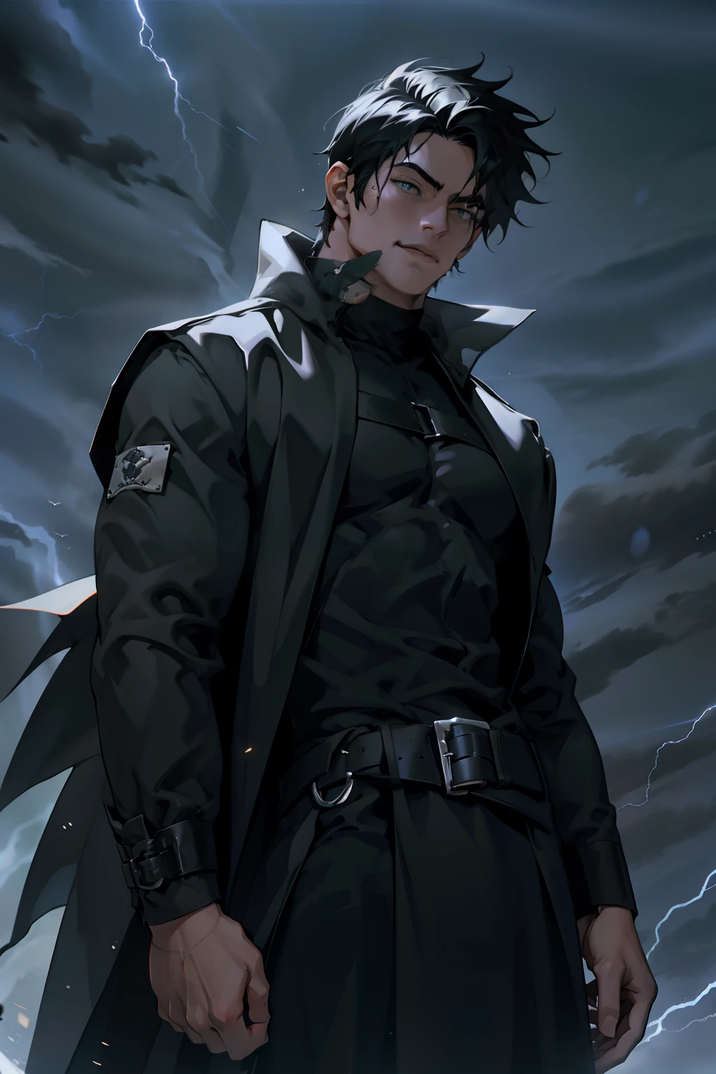 1 25-year-old athletic man solo in black clothing, Lightning around you, trueno, trueno , cabello corto, Cabello negro, ropa negra, black robes, Nebulosa y humo, tela negra, one arm behind his head and the other holding a lightning bolt, Hora de cierre, Tiempo nublado, Tiempo escuro, cuidad, Rayos circundantes