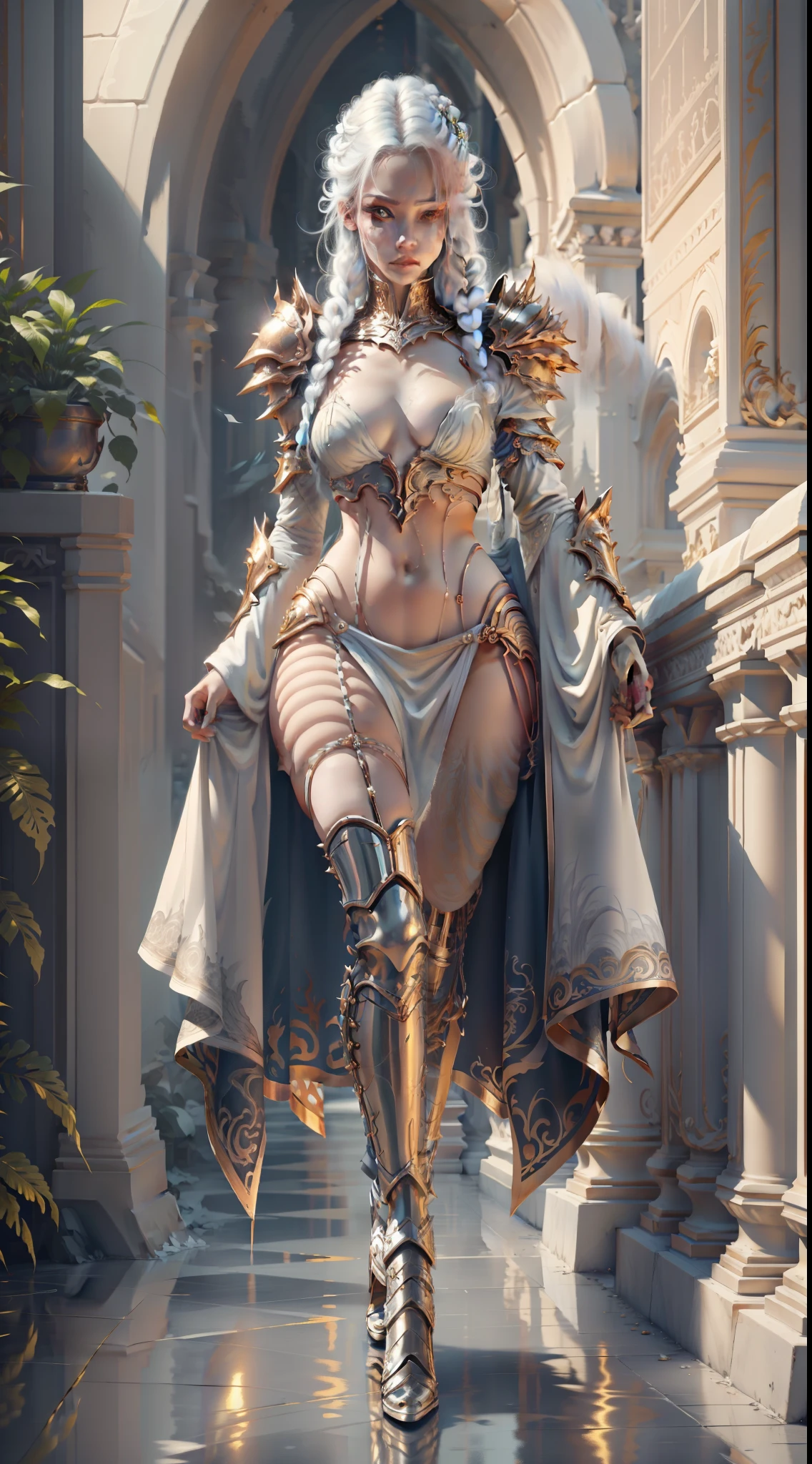 Masterpiece, Highest quality, (full bodyesbian), (High detail:1.1),Dramatic, 1人, (Pale skin), Long braids, White hair, eyes blue, Solo, long whitr hair, Night, White gold armor, Metal heels, Detailed background, Cinematic lighting,