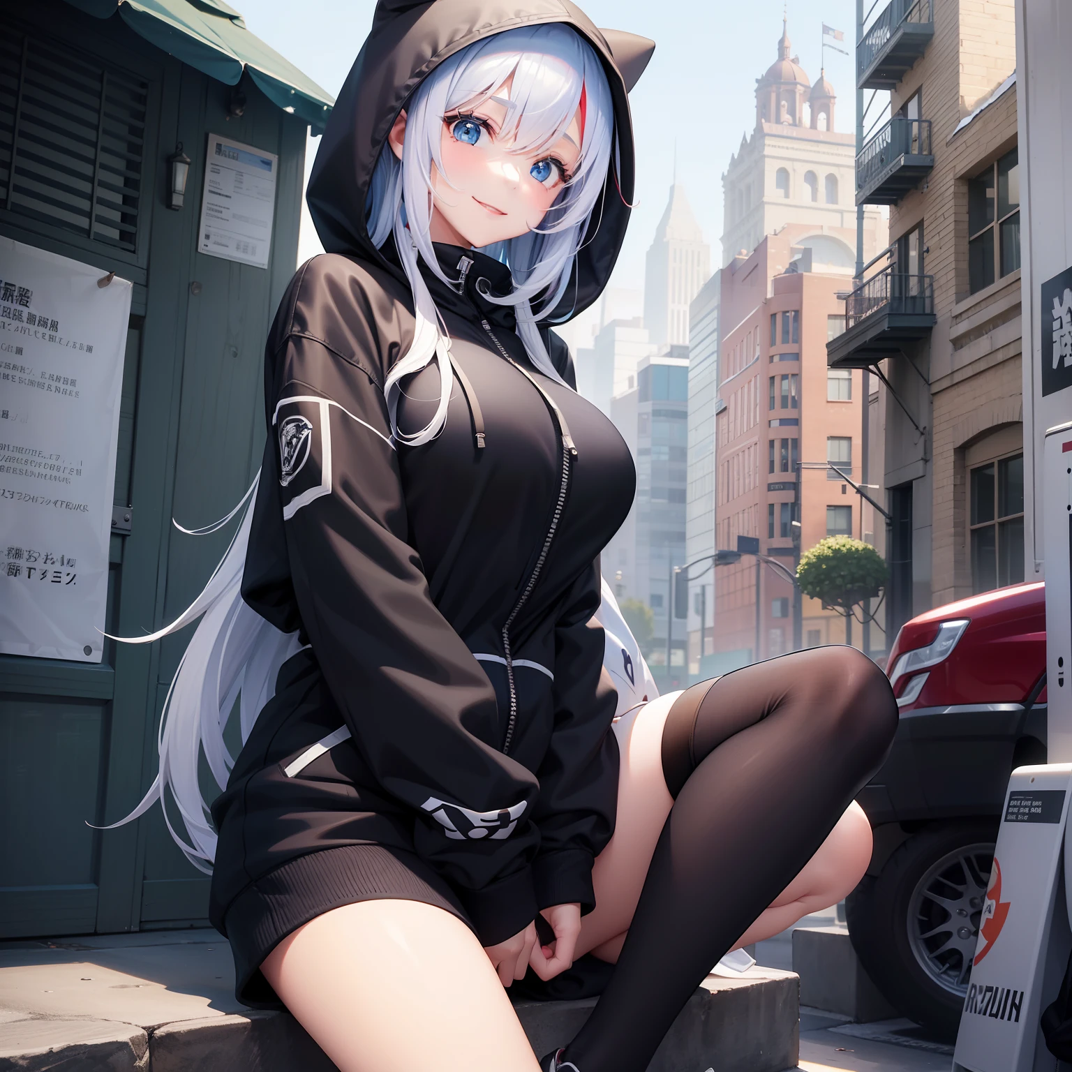 Girl wearing a zipper hoodie and hood、a smile、top-quality、masterpiece、beautiful a girl、huge tit、multicolored hair、Loose Socks、超A high resolution、Long、Excellent style、Perfect facial features、
