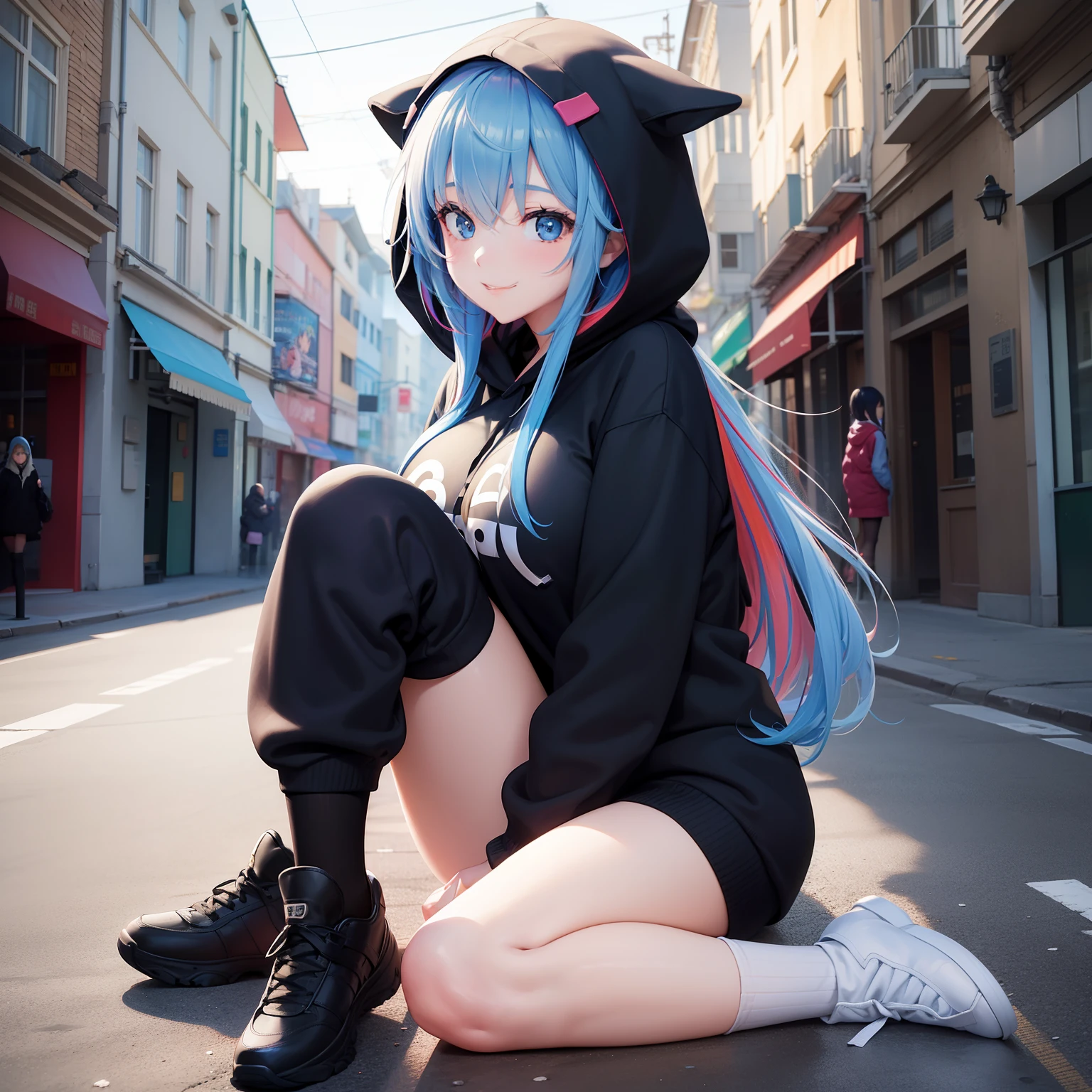 Girl wearing hoodie and hood、a smile、top-quality、​masterpiece、beautiful a girl、huge tit、multicolored hair、Loose Socks、超A high resolution、Long、Excellent style、Perfect facial features、