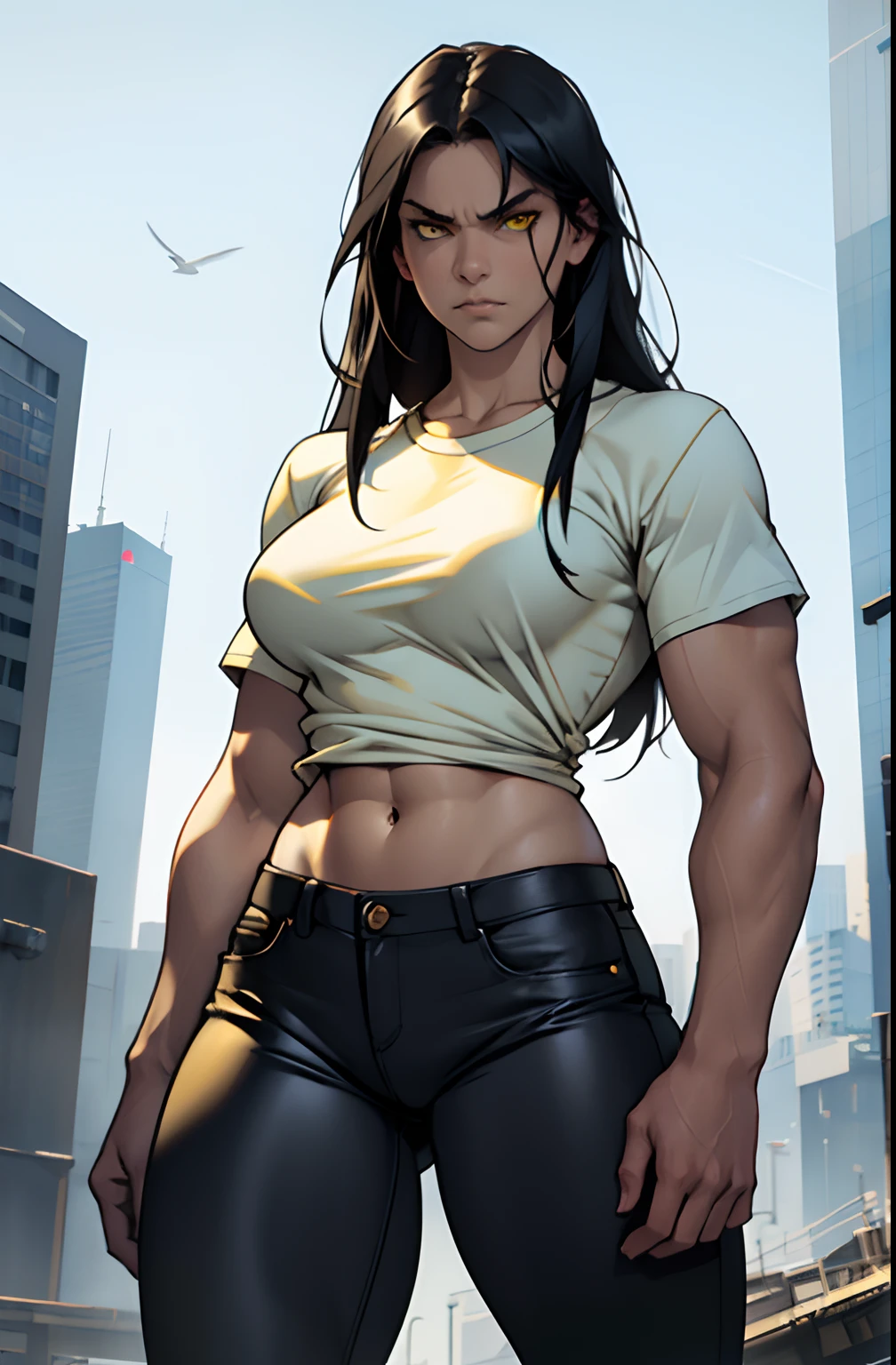 1 girl, black hair, extremely long hair, large breasts, ((muscular)), thick thighs, tight shirt, tight pants, solo, yellow eyes, navel, abs, angry, pale skin