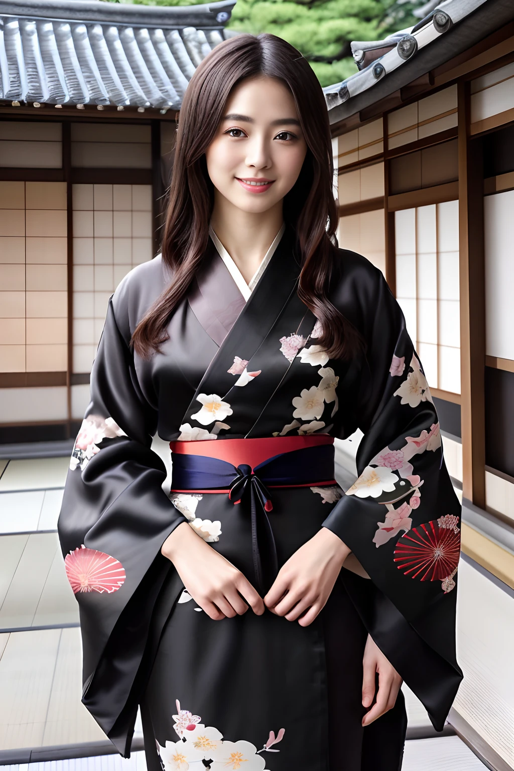 unparalleled masterpiece ever, Ultra realistic 8K CG, Perfect Artwork, 1girl in, Beautuful Women、Beautiful posture、Well-groomed hair、Happiness、Blissful、kindly smile、rikka、Fulfillment、Realistic texture、Princess, Elegant、hali々and has、Looking at Viewer, ((Perfect female figure)), Black hair, Black eyes, enticing, clean, Beautiful face, Pure face, pale skin, length hair, Skindentation,Clean hair ornament、hairpin、Wearing tabi boots、(Rich:1.5), (Highly detailed 8K Japan kimono and silk long garments and dresses:1.5), (Expensive kimono、vivid colored kimono、Delicate pattern, intricate detailes), The background is a samurai residence in the Edo period、blur backgroun、