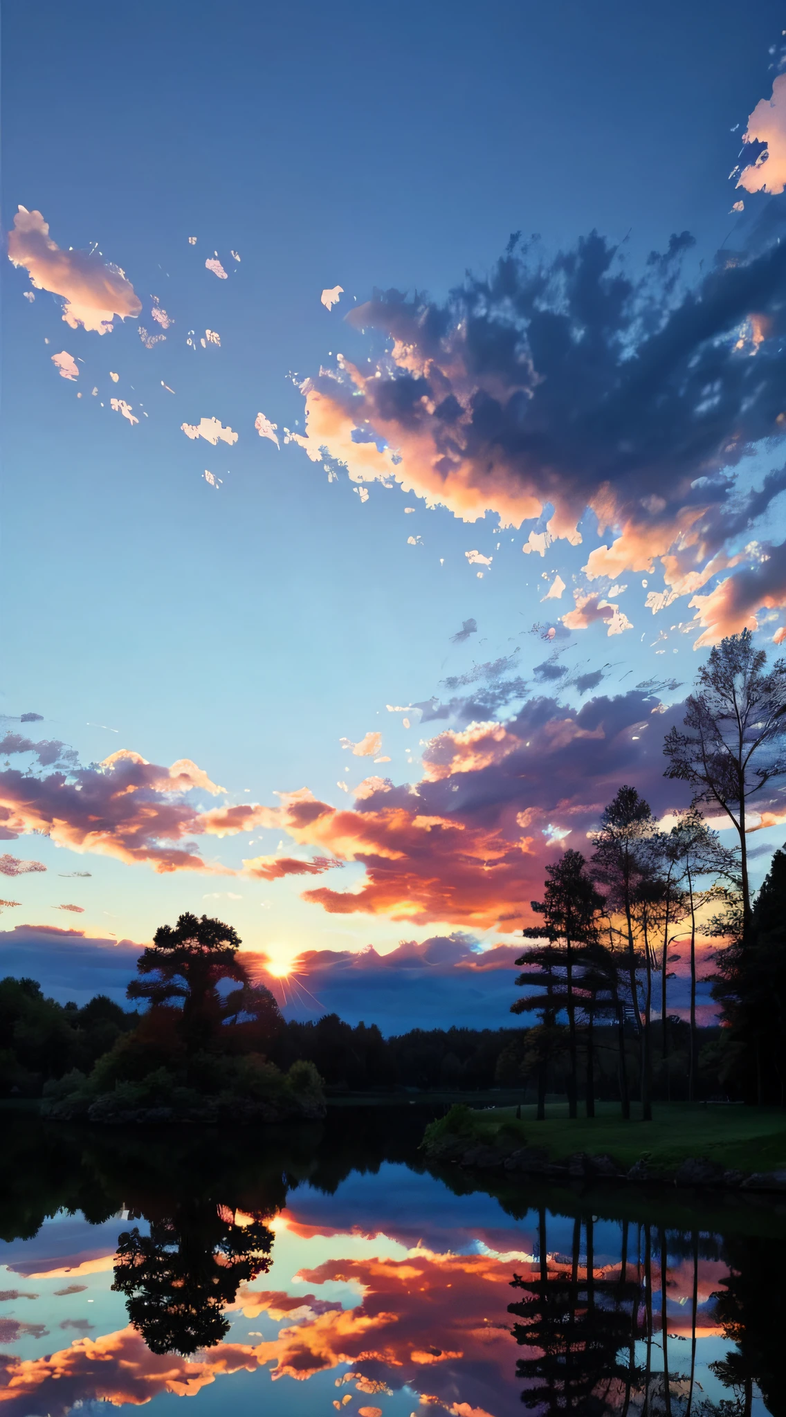 The sun is setting,Lakes and trees in the background,There are a lot of clouds in the sky,There are several birds flying in the distance,Surreal colors,Colorful sunsets,Colorful sky,Marvelous sky reflections,stunning skies,Fantastic atmosphere 8K,Colorful flowing clouds,The color is reflected on the lake,surreal sky,Red and blue reflections,Fire reflection,beautiful sky,Beautiful and spectacular dusk,Beautiful Dreamy Landscape,Amazing sky
