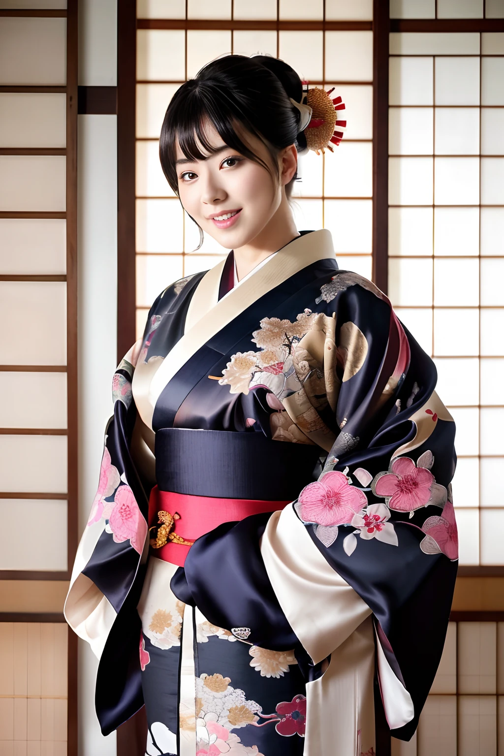 unparalleled masterpiece ever, Ultra realistic 8K CG, Perfect Artwork, 1girl in, Beautuful Women、Beautiful posture、Well-groomed hair、Happiness、Blissful、kindly smile、rikka、Fulfillment、Realistic texture、Princess, Elegant、hali々and has、Looking at Viewer, ((Perfect female figure)), Black hair, Black eyes, enticing, clean, Beautiful face, Pure face, pale skin, length hair, Skindentation,Clean hair ornament、hairpin、Wearing tabi boots、(Rich:1.5), (Highly detailed 8K Japan kimono and silk long garments and dresses:1.5), (Expensive kimono、vivid colored kimono、Delicate pattern, intricate detailes), The background is a samurai residence in the Edo period、blur backgroun、