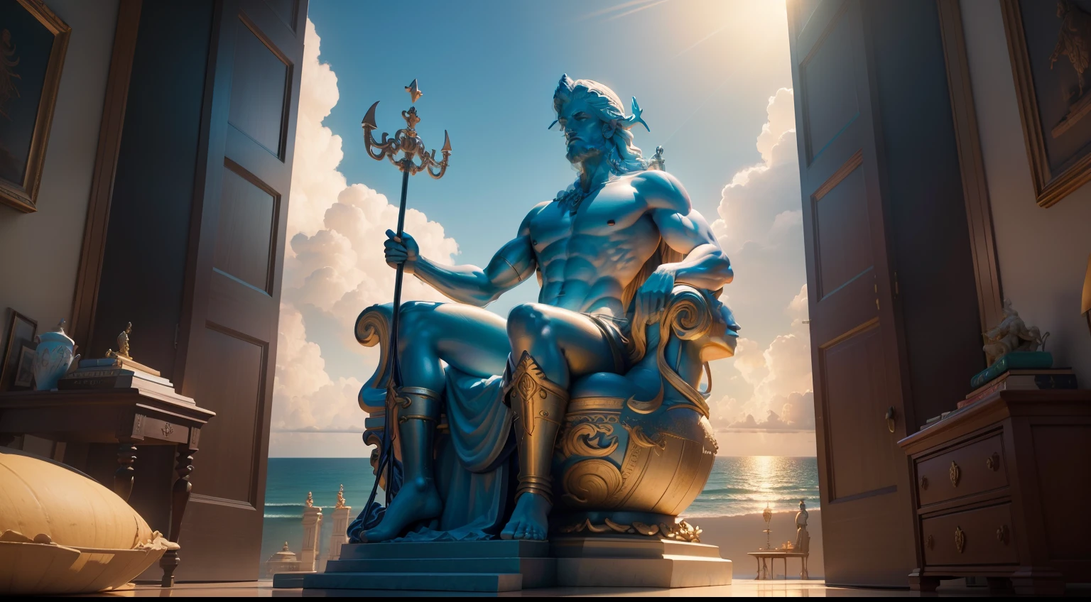 ((melhor qualidade)), ((realista)) (detalhado: 1.4) Create high-definition art that depicts the divine statue of Poseidon, O Deus do Mar, com pilares decorados com conchas e corais ao seu redor. The statue must display its grandeur and serenity while holding its trident, symbolizing his dominion over the waters, 3D-rendering , Beeple e Tim Hildebrandt, Artgem e Beeple Masterpiece, Realismo | Bipe, Estilo Beeple, em estilo de bipe