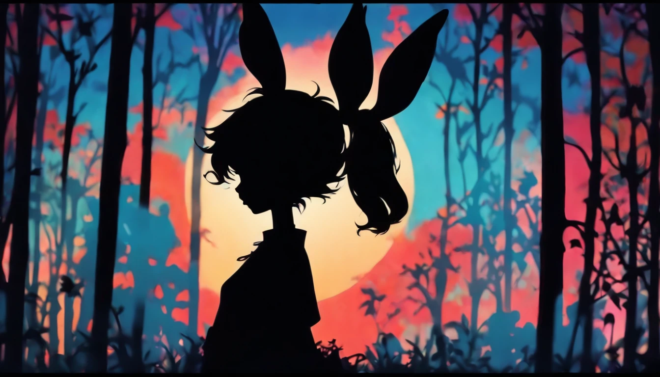 (Silhouette Art,cutouts:1.6)
(((Paper cutting art,A world where only black exists:1.3)
(Cowboy Shot),1 girl,Solo,
(Rabbit-eared girl,profile:1.2),white, Clear and beautiful face,15 Nights、lapin、Mochi
break
(Light blue moon)
Textured glass background,Arcana World