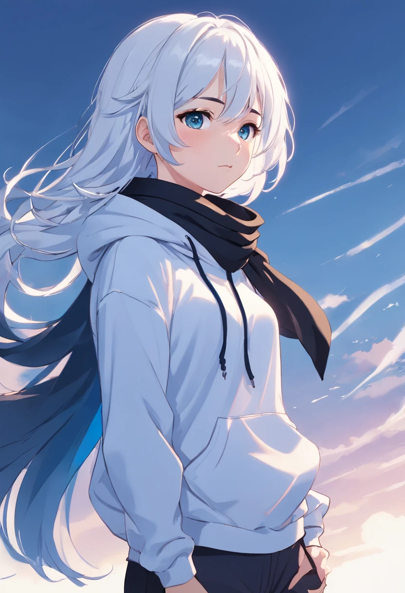 Young woman 18. White hair with blue strips going down to the shoulders, slightly curly. Wearing black sweatpants and a black hoodie with the hood up. Wearing a black scarf that covers mouth and neck.