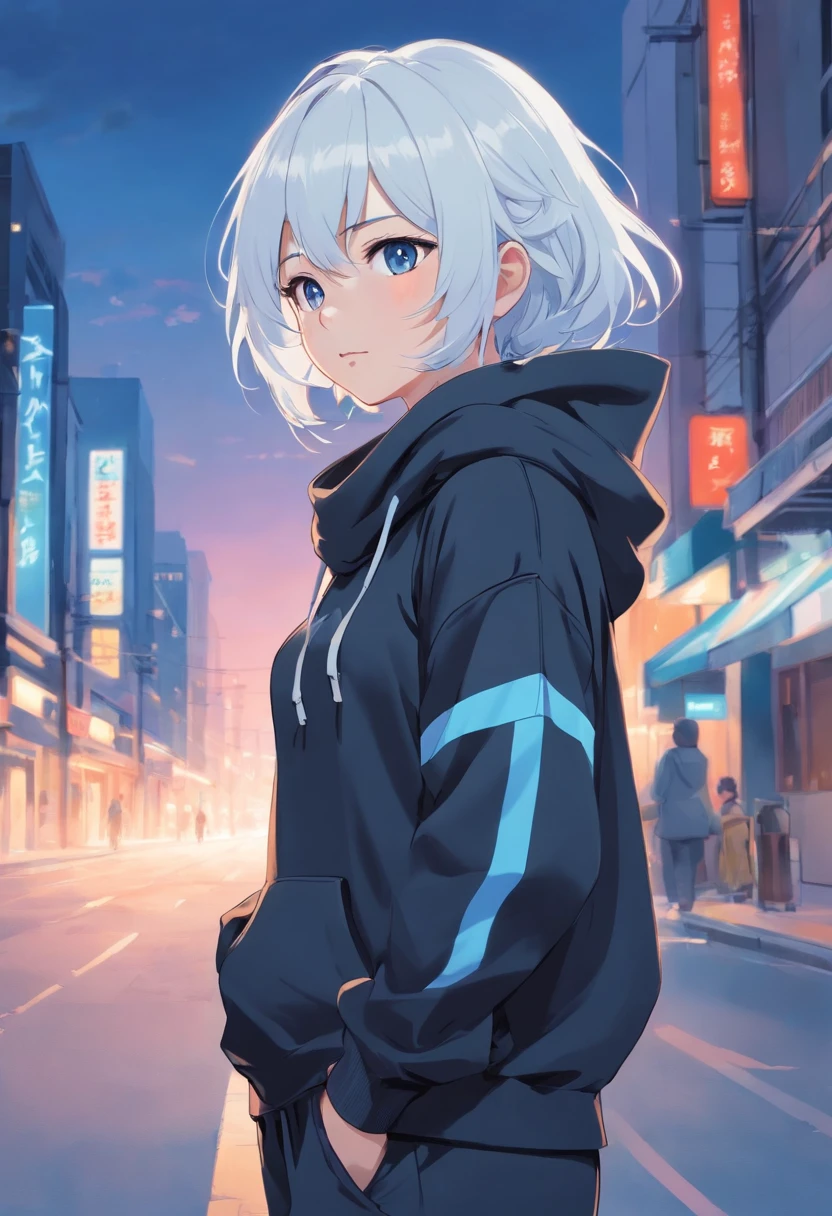 Young woman 18. White hair with blue strips going down to the shoulders, slightly curly. Wearing black sweatpants and a black hoodie with the hood up. Wearing a black scarf that covers mouth and neck.