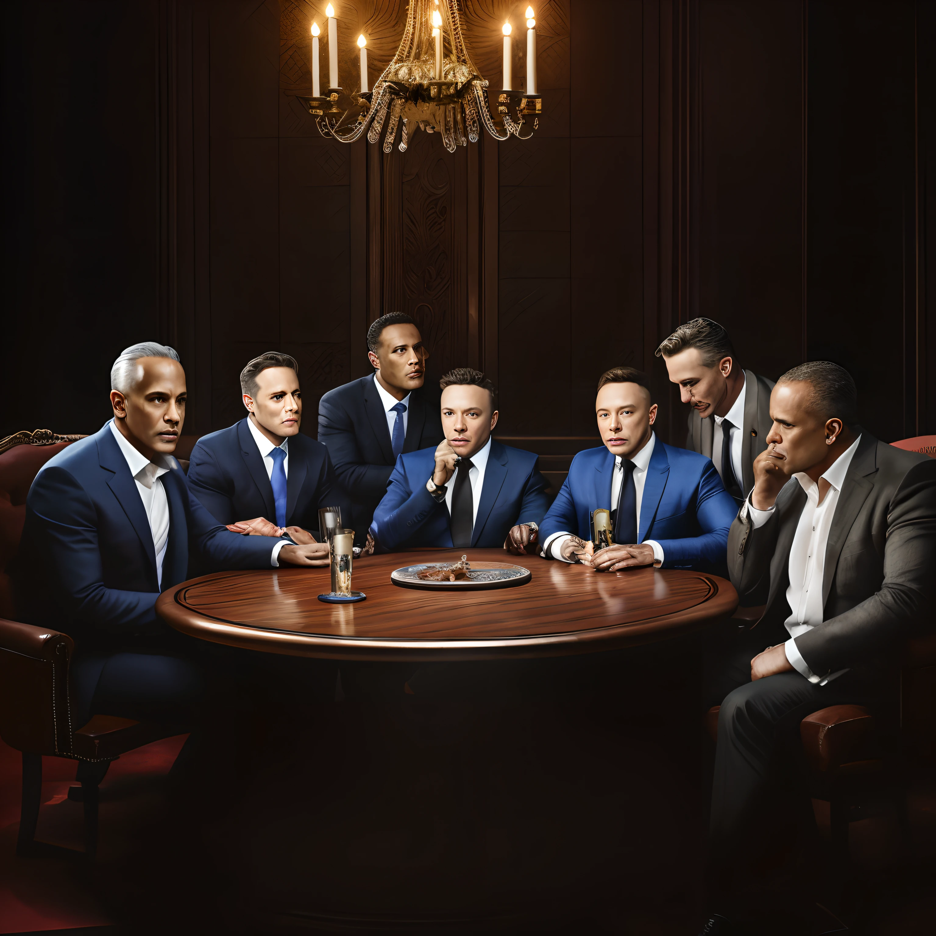 nine celebs dramatically sitting around round table in the luxurious hall,Lifelike expressions and intense gazes as they unveil their elaborate plot,Grant Cardone cigar on his hand, Jeff Bezos, Elon musk, David Goggins, Mel robbins, bill gate , MJ Demarco, jordan Peterson,Incredibly intricate facial details,Historical,hyper realistic, real faces