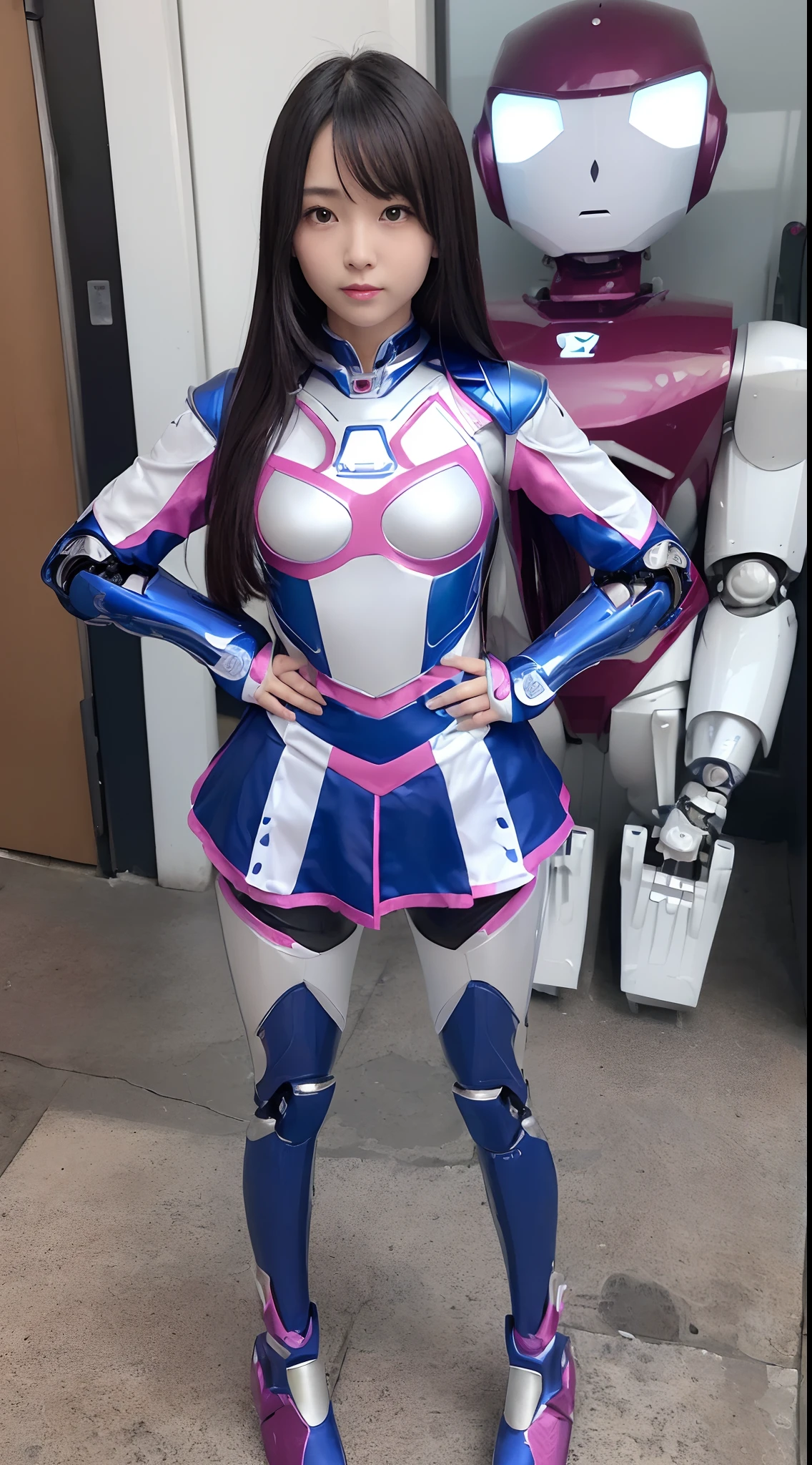 (Photorealsitic:1.4)、One-girl、(top-quality)、(hyperdetailed face)、(Super well-formed face)、((Robot Parts))、(Female-Robot)、(22 years-old)、(Blue)、(pink there)、(Burgundy)、(metallic)、(Full-body)、(sexy  pose)、(Slender body)、(Model body type)、(full body mech)、(mechanical exposure)、(Akihabara)、(is looking at the camera)、(A dark-haired)、(Well-proportioned lady)、(a small face)、(Idol)、(front facing)、(Standing with legs open)、(Hands on hips)、(Photo session)、(Looks sad)、(Cheerleader Cosplay)