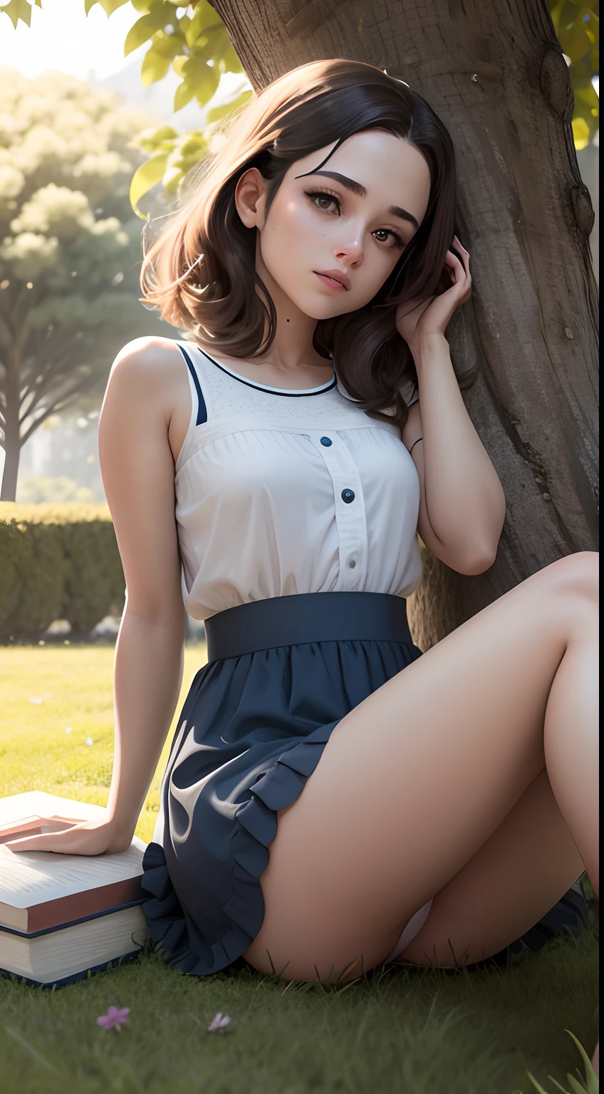 (sitting on the grass leaning against a tree, Ler um livro, joelhos juntos, feet apart, saia para cima, (peludo:1.1), (pubic hair:1.1), (vista de frente, low-up angle), vestido de sol, circunstanciado, morning, nascer do sol, high resolution, Ultra Qualidade, uma obra-prima, (cabelo loiro germicia Vikander:0.5, Emma Watson:0.5))