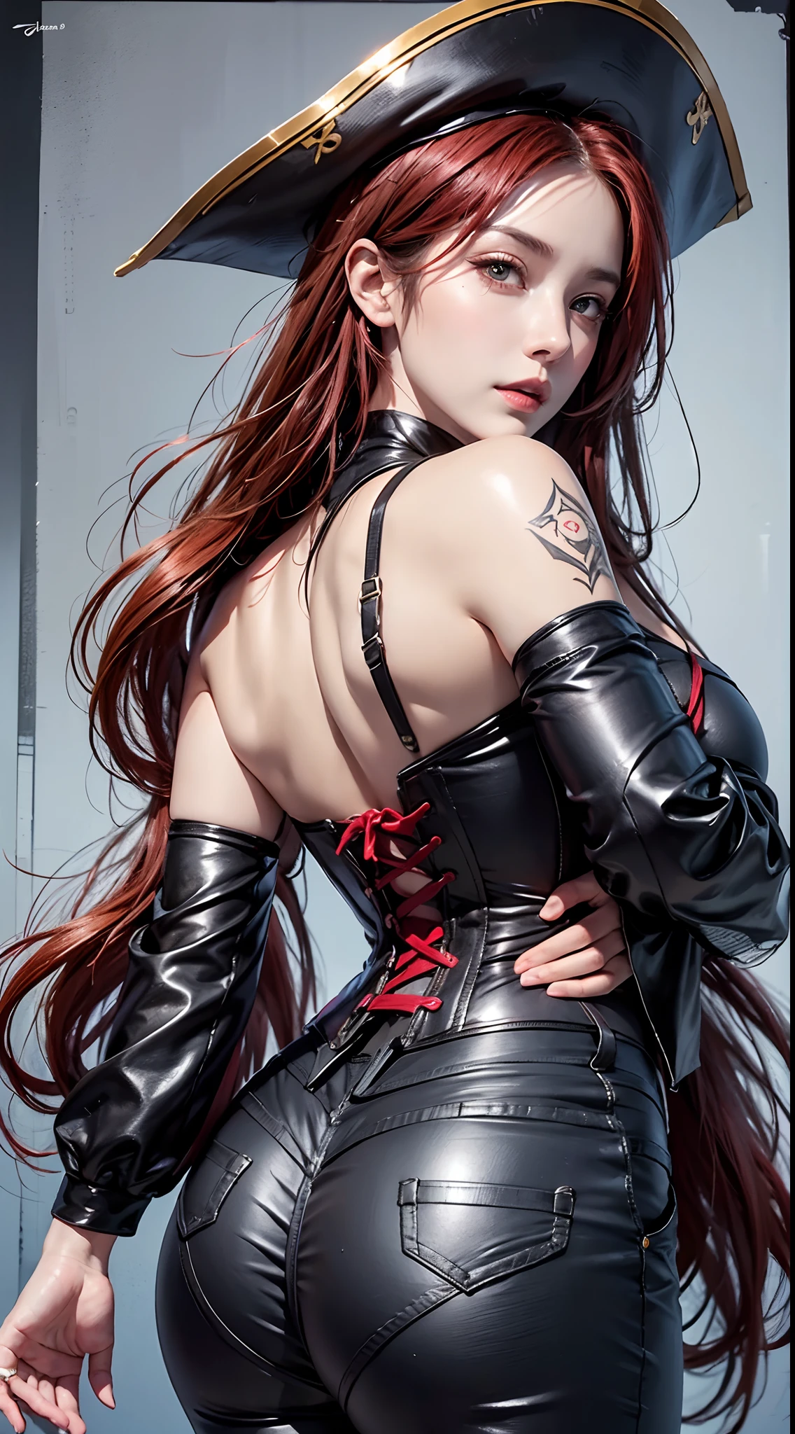 photorealistic, high resolution, 1women, mature female, solo, hips up, look at viewer, (detailed face), tattoo, Miss Fortune | League of Legends, red hair, wavy hair, corset, pirate hat, bra, strap slip, bare shoulders, detached sleeves, wide sleeves, pants, back view