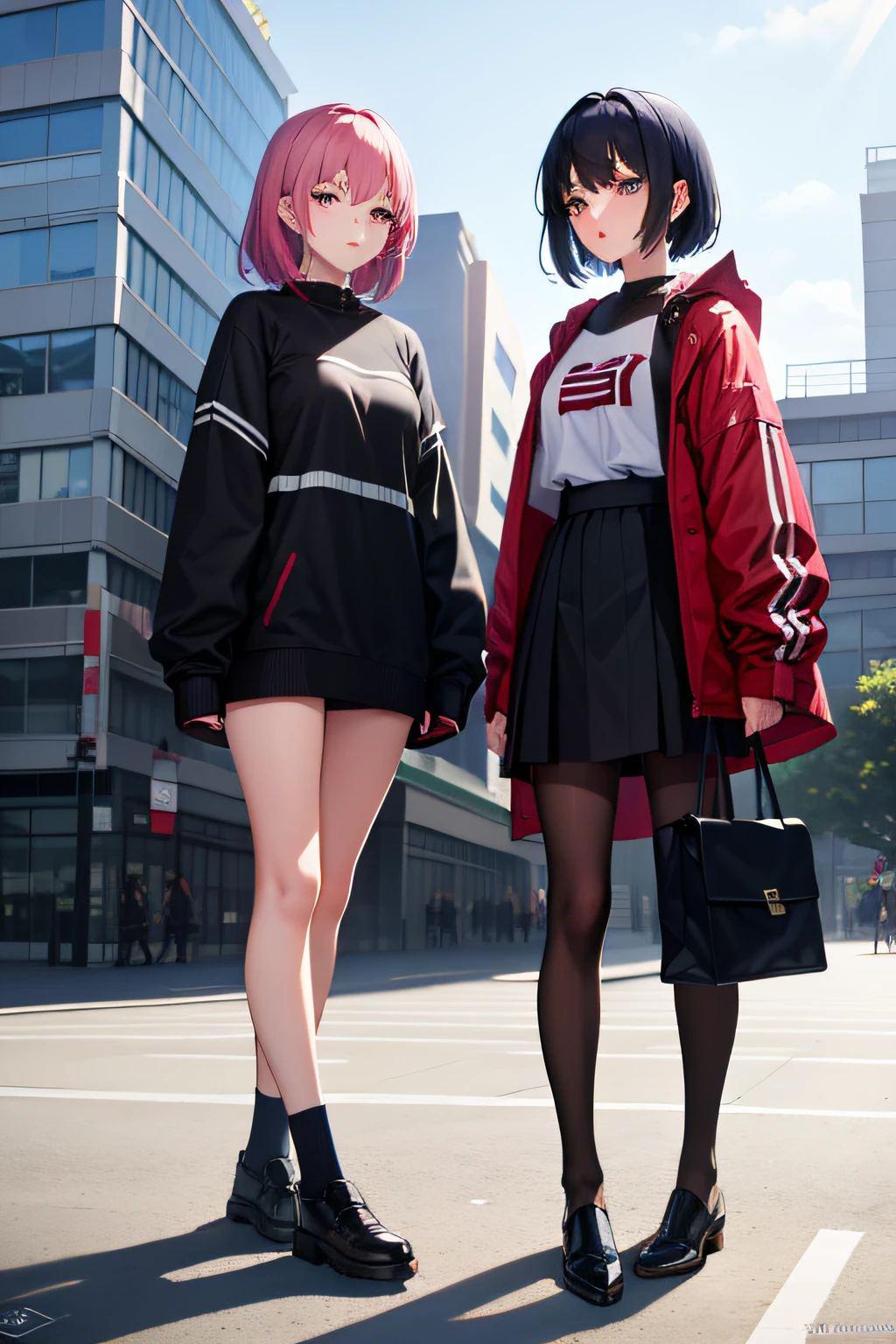 2girls, On campus, Wear everyday clothing，The color should not be too monotonous，Leaks out of the whole body, Teaching buildings, crowd,Masterpiece, Best quality, Highly detailed,