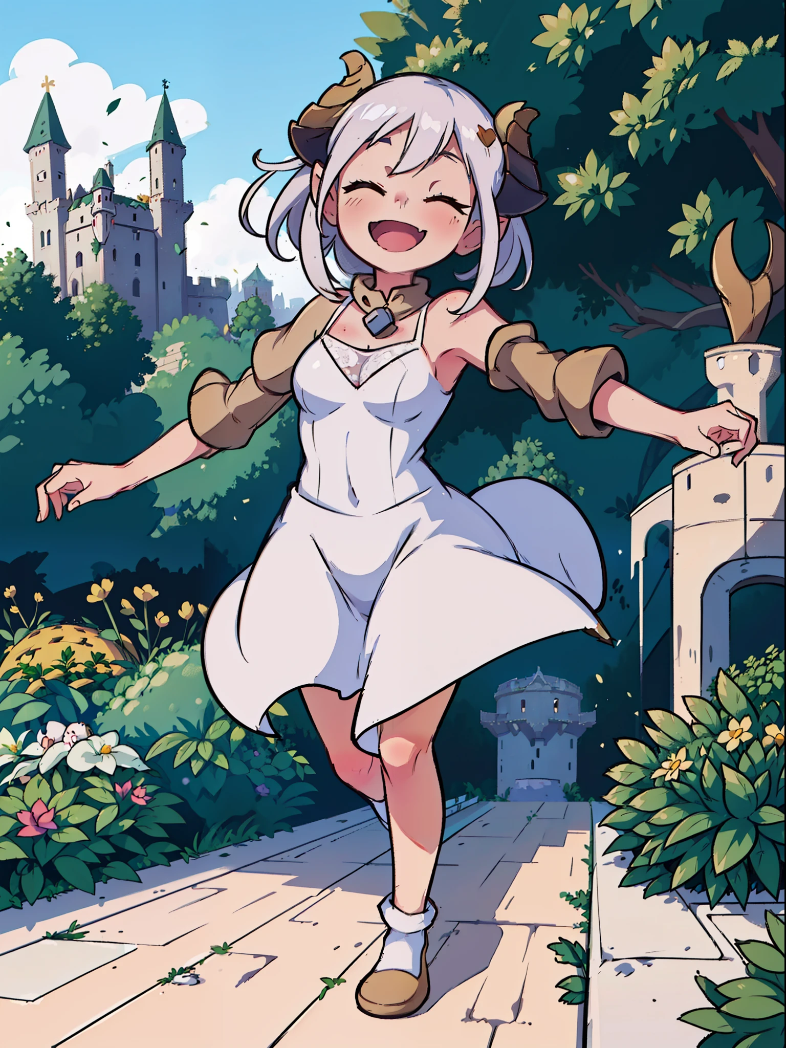 1girl 10 years,solo,happy,smile,((white dress)),small tits,white hair,short hair,closed eyes,elves ears,golden horns,Detailed,(((running on the garden in a castle))),